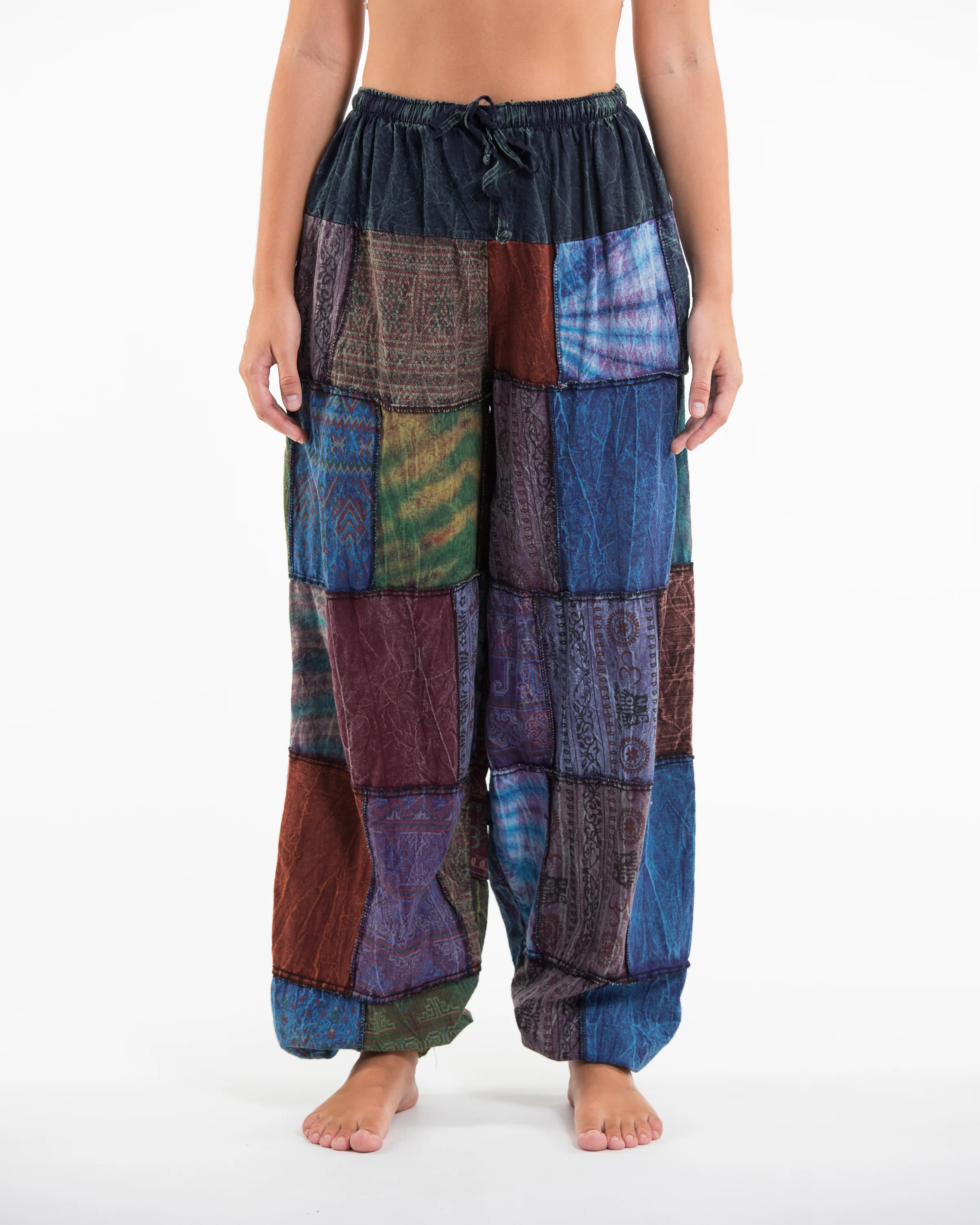Women's Patchwork Stone Washed Balloon Cotton Pants in Blue