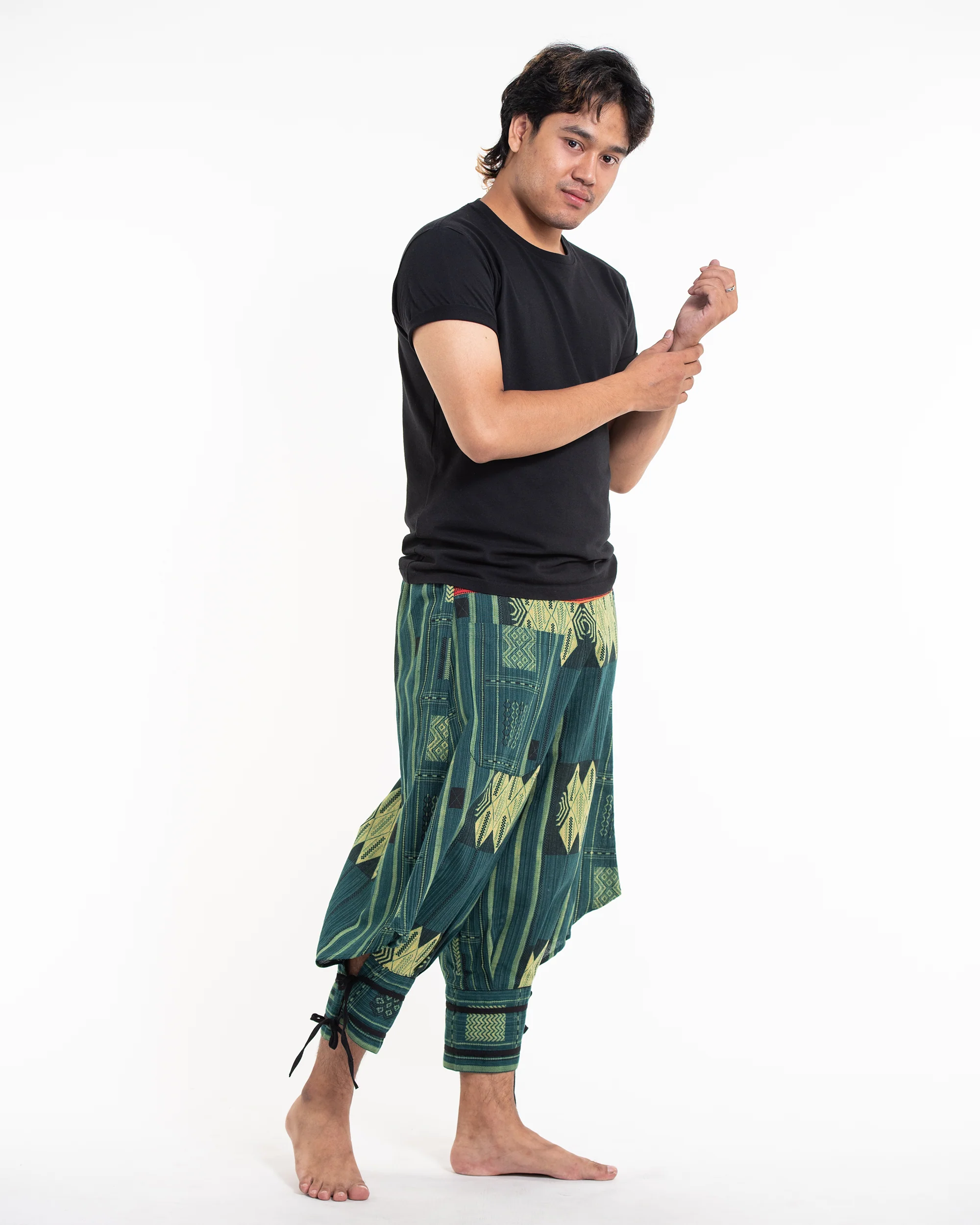 1849-Thai-Hill-Tribe-Fabric-Men-s-Harem-Pants-with-Ankle-Straps-in-Teal-3.webp Thai Hill Tribe Fabric Men's Harem Pants with Ankle Straps in Teal