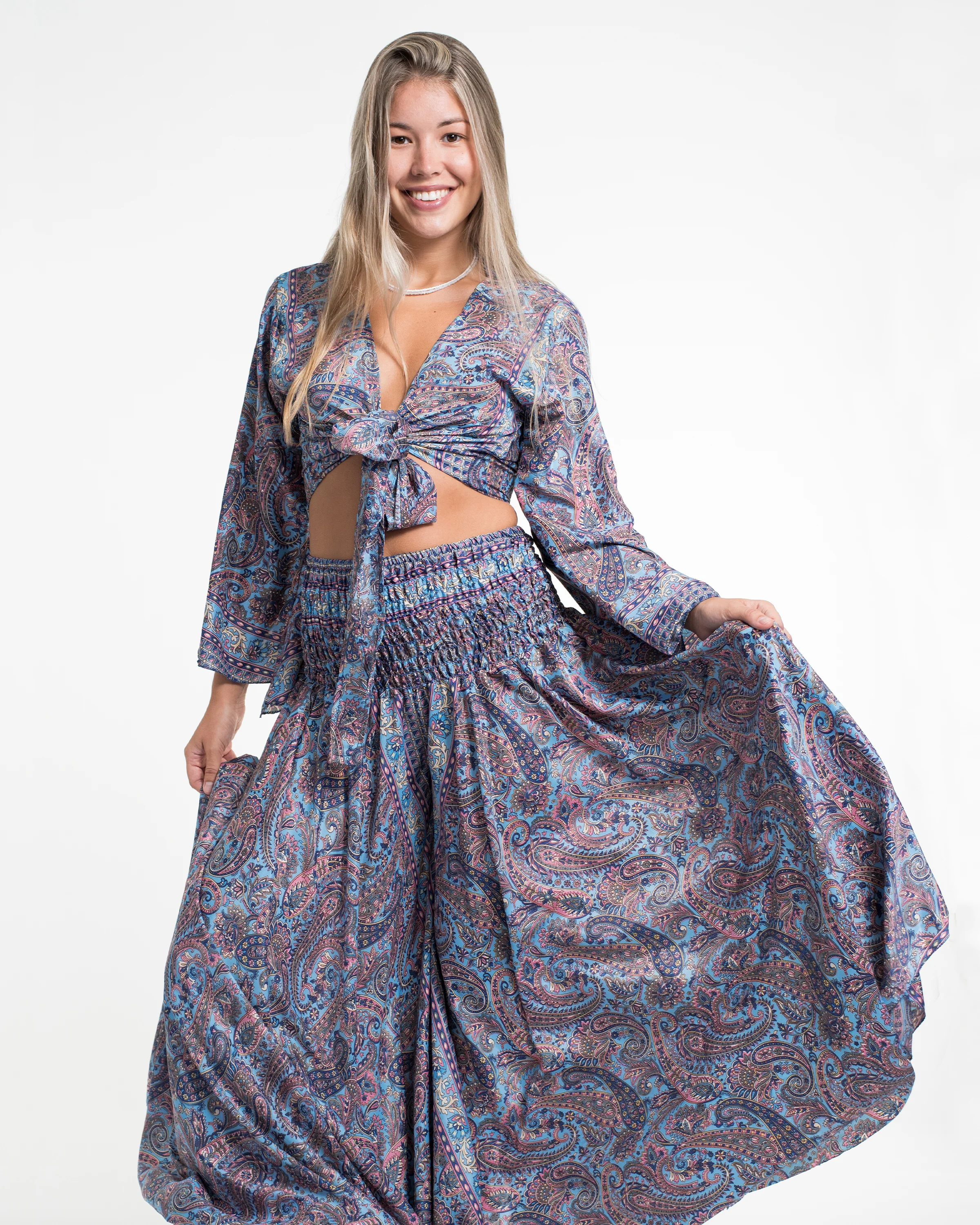 Twilight Paisley Tie Top and Palazzo Pants in Light Blue