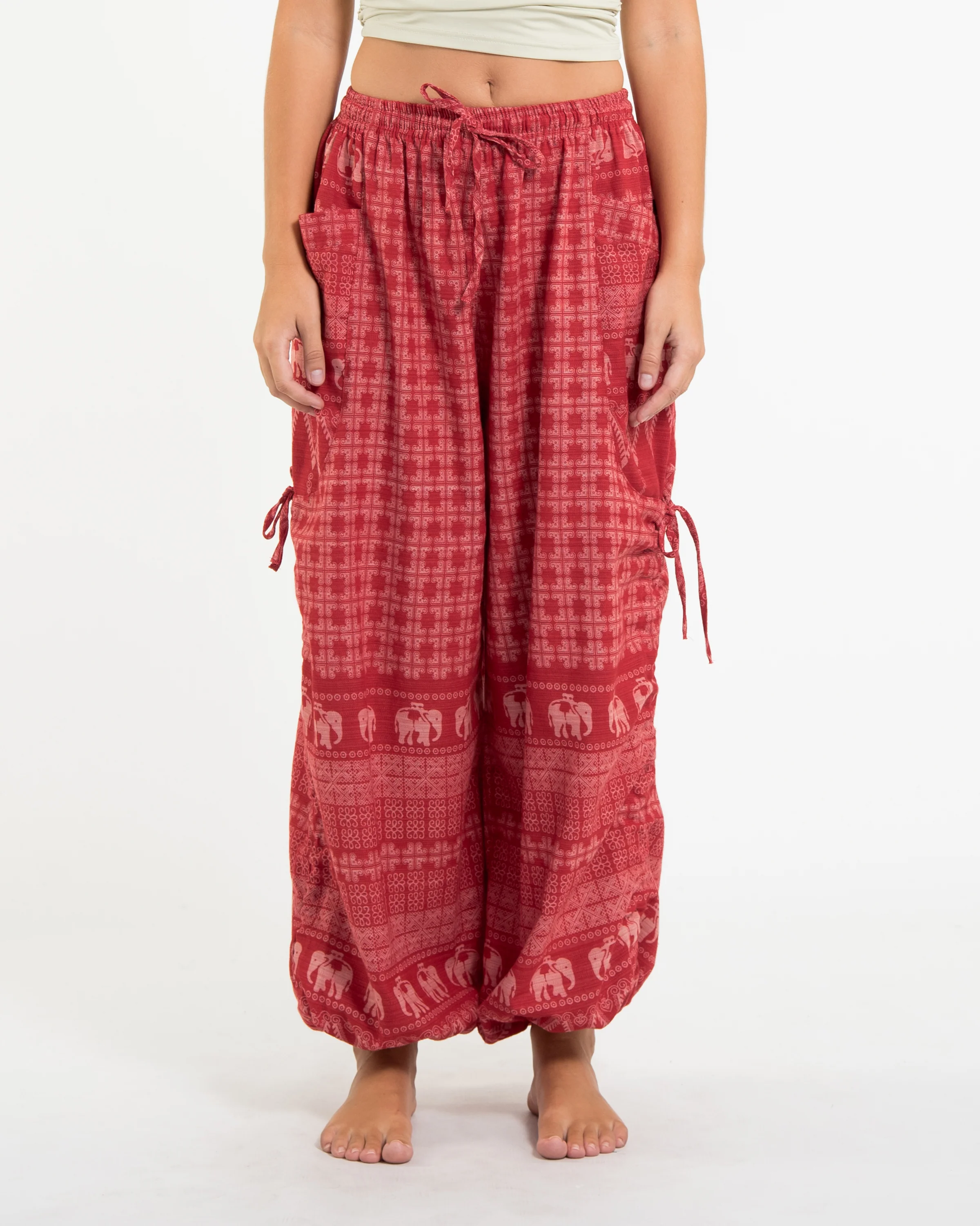 Women's Hill Tribe Cotton Elephant Pants in Red