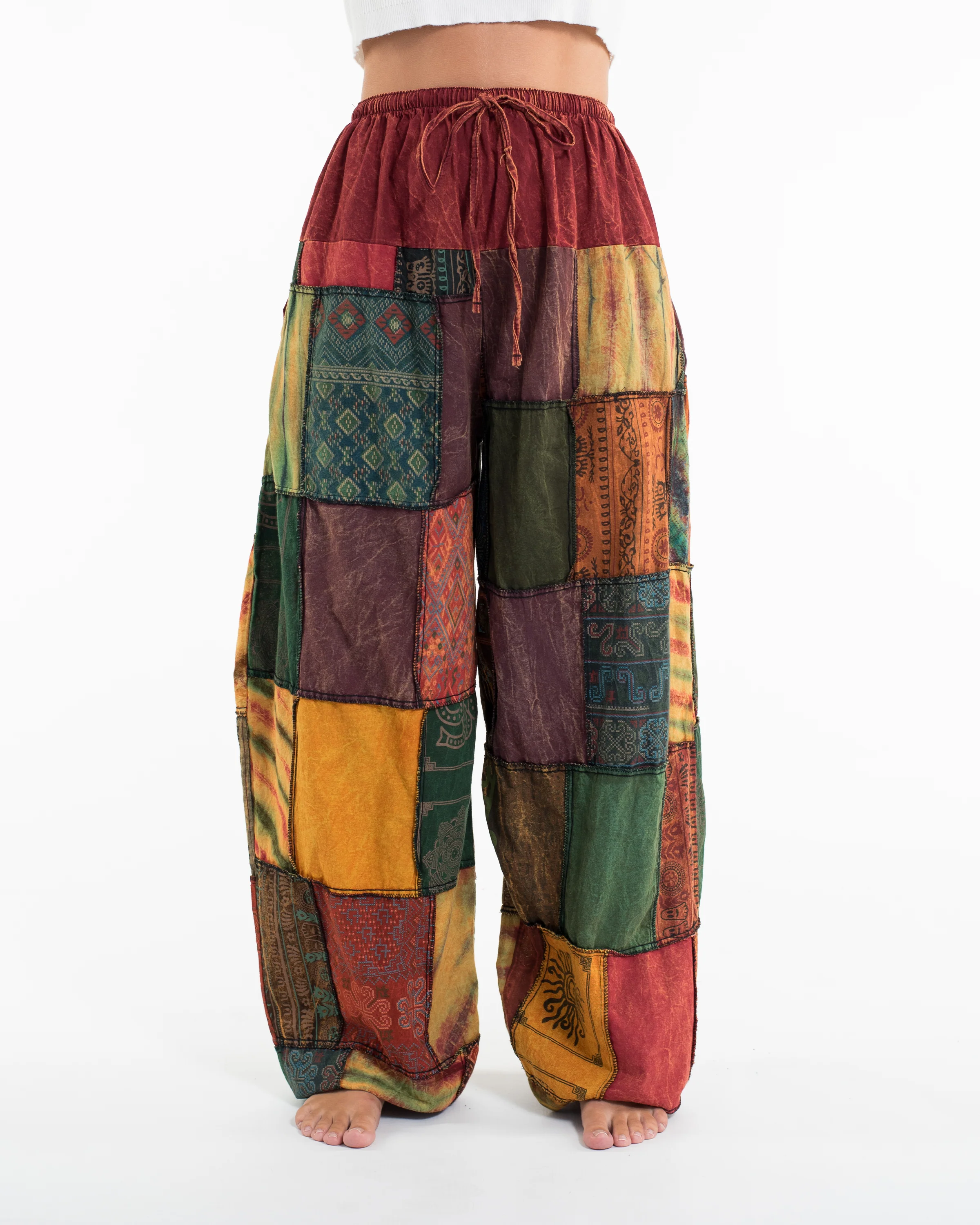 Women's Patchwork Stone Washed Balloon Cotton Pants in Red