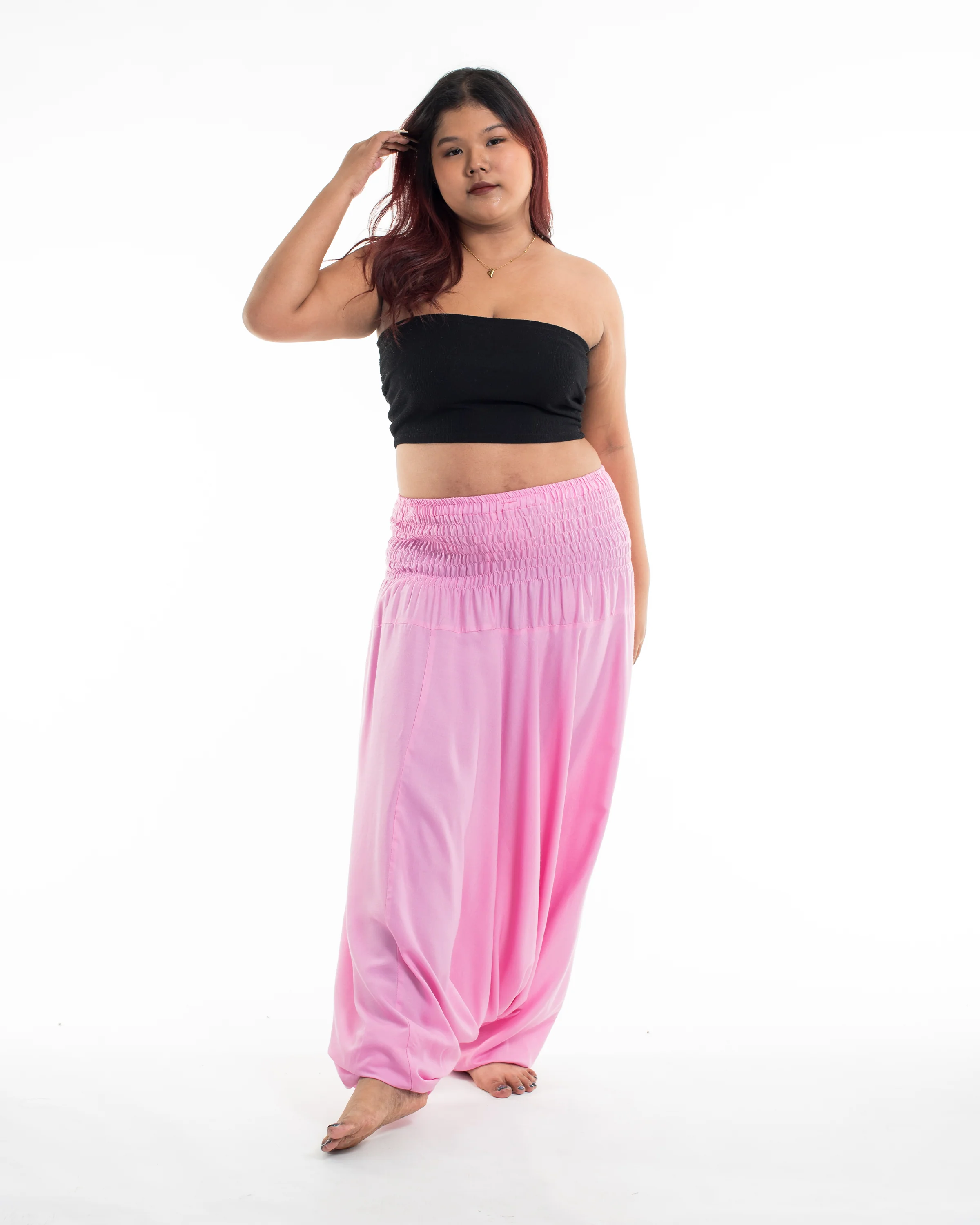 Plus Size Solid Color 2-in-1 Jumpsuit Harem Pants in Light Pink