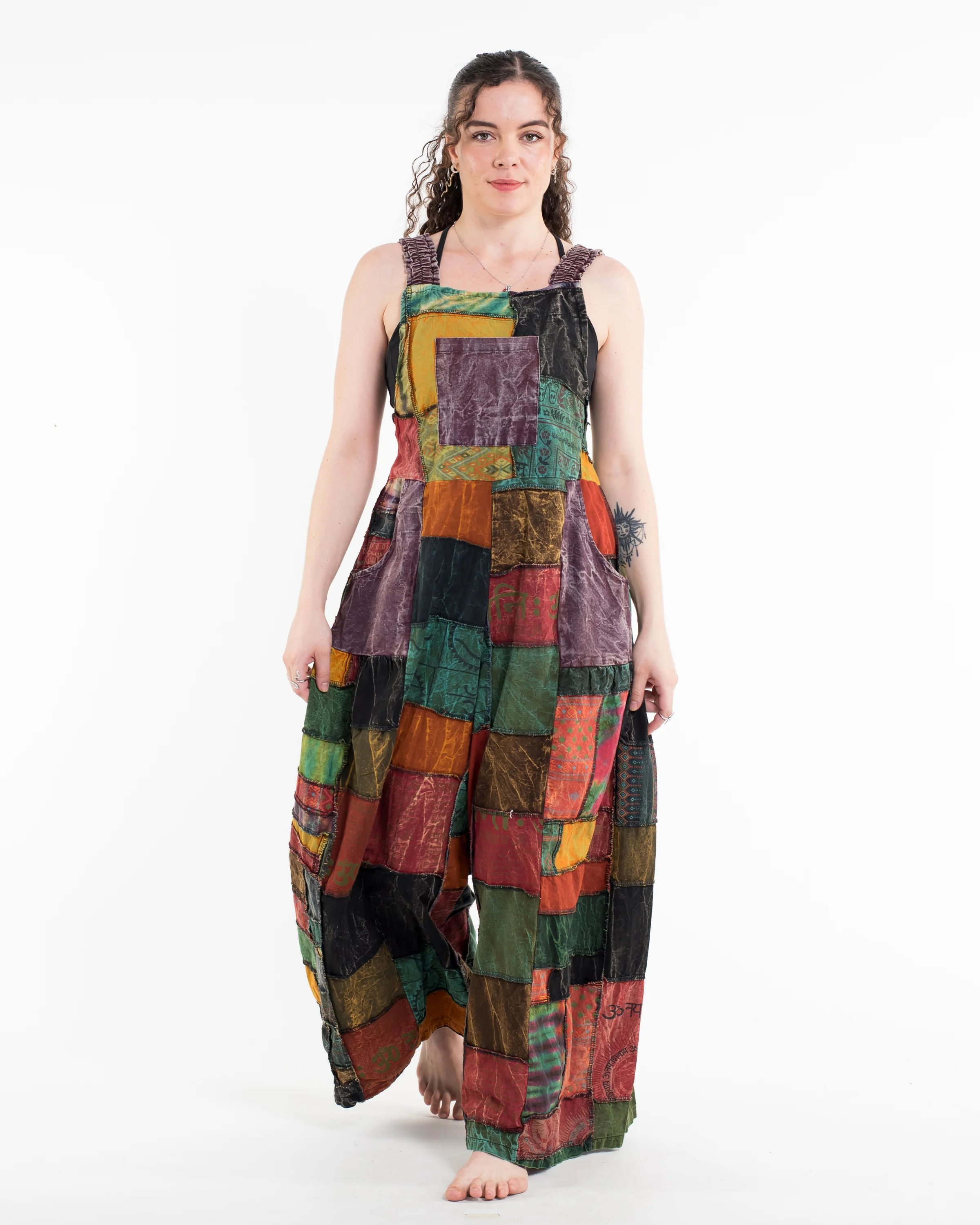 Patchwork Stonewash Overall in Multi Violet