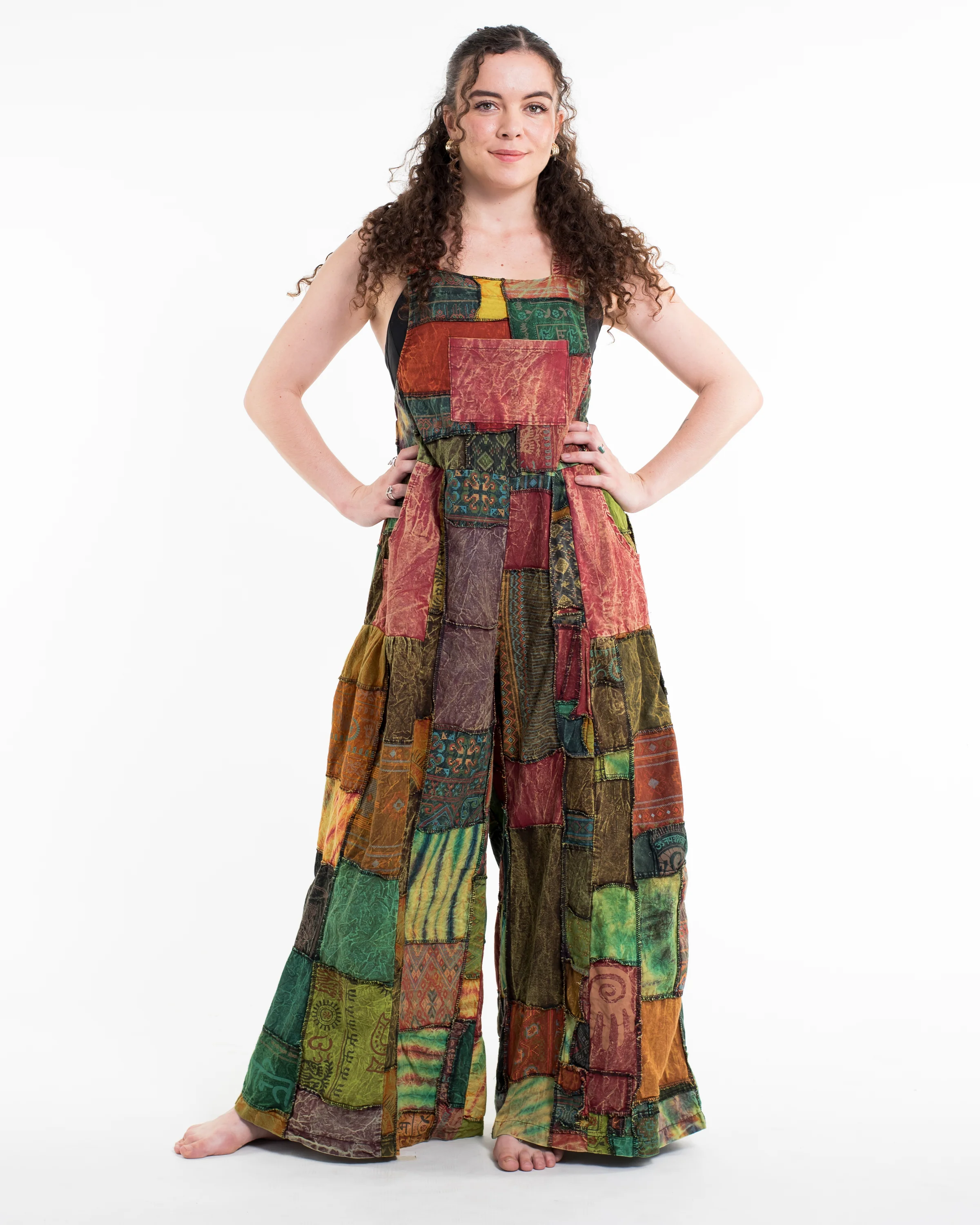 Patchwork Stonewash Overall in Multi Red