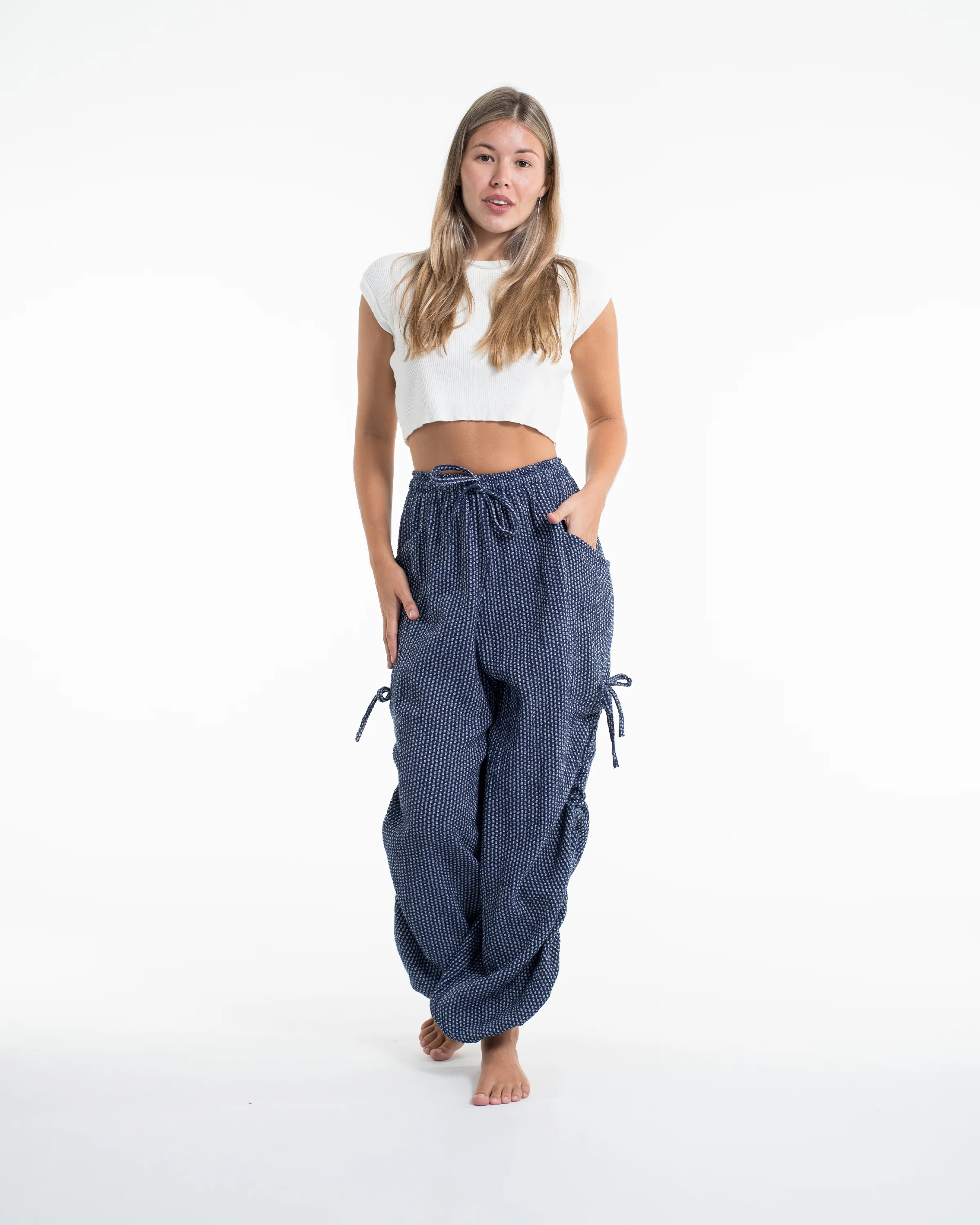 Women's Ribbed Linen Cotton Blend Pants in Blue