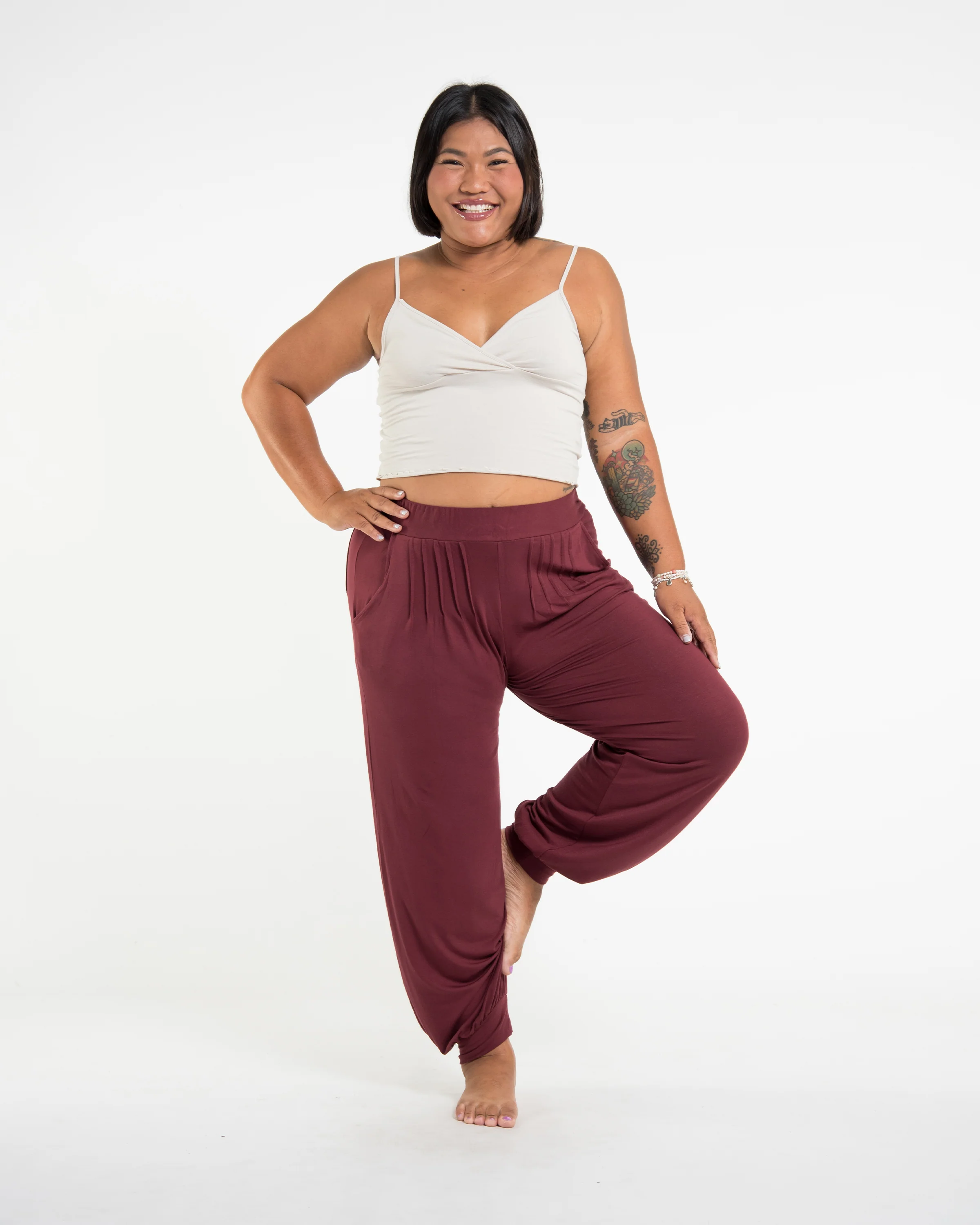 Plus Size Cotton Women Harem Pants in Solid Maroon