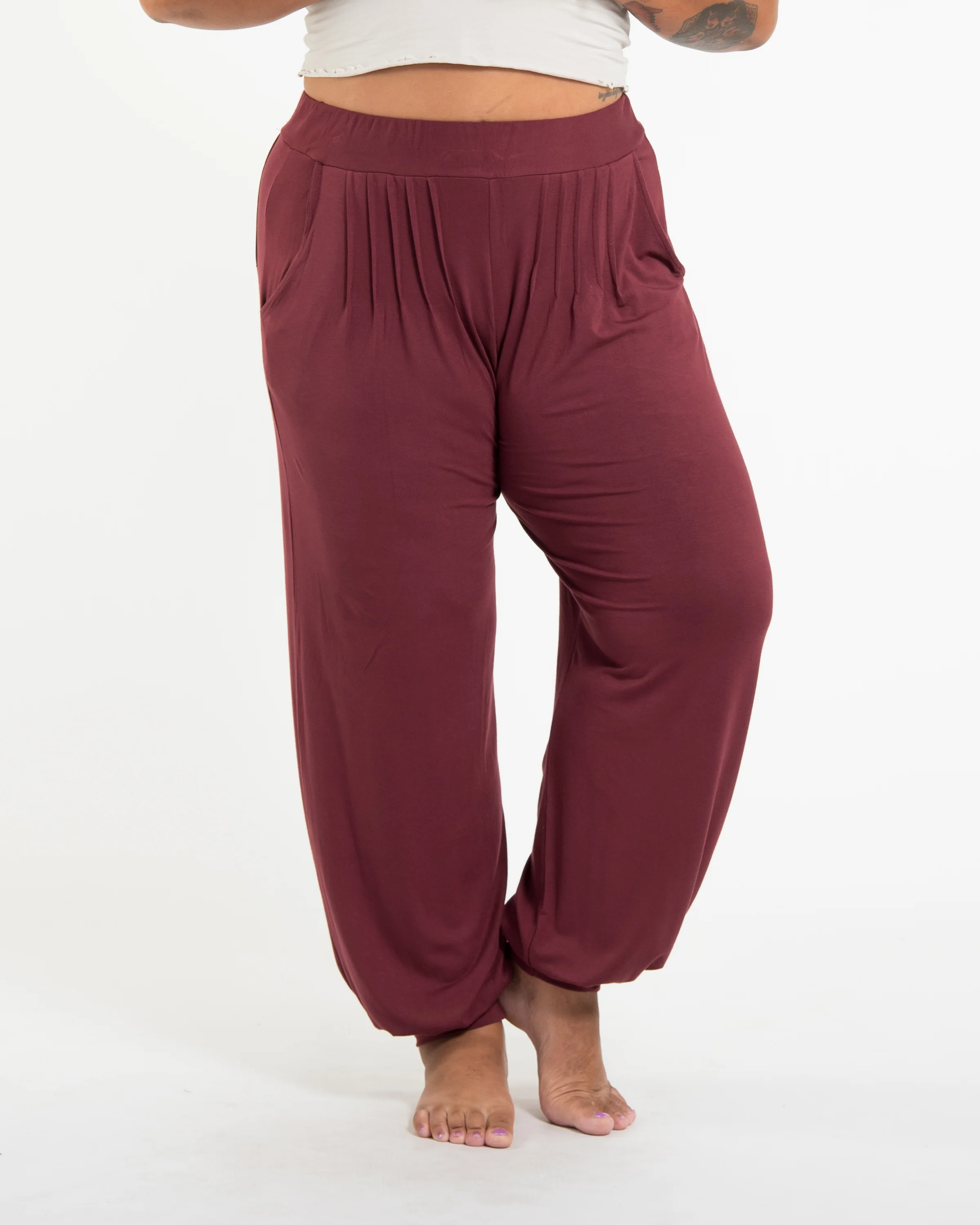 Plus Size Cotton Women Harem Pants in Solid Maroon