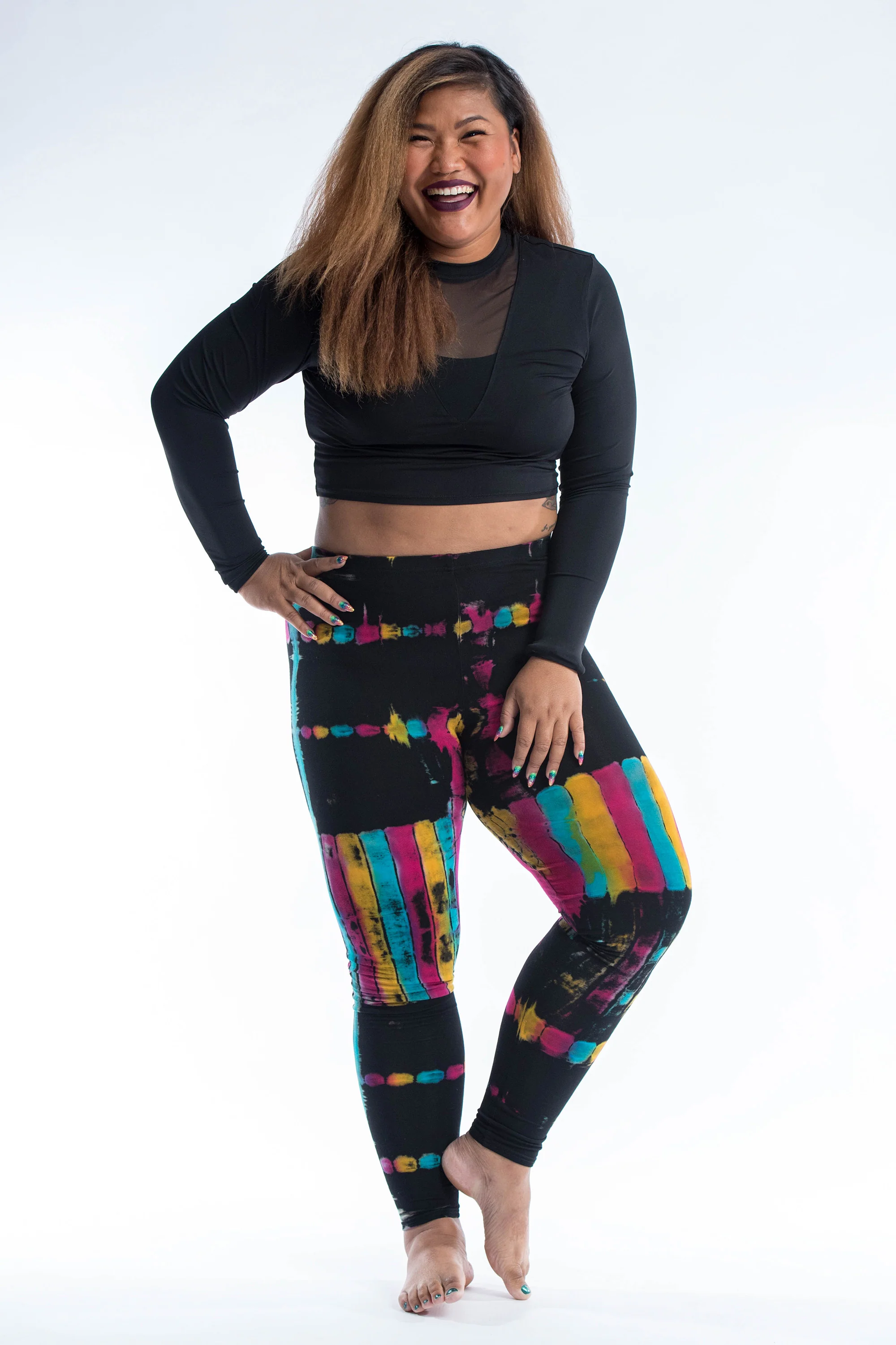 Plus Size Patch Dye Tie Dye Cotton Leggings in Festival Black