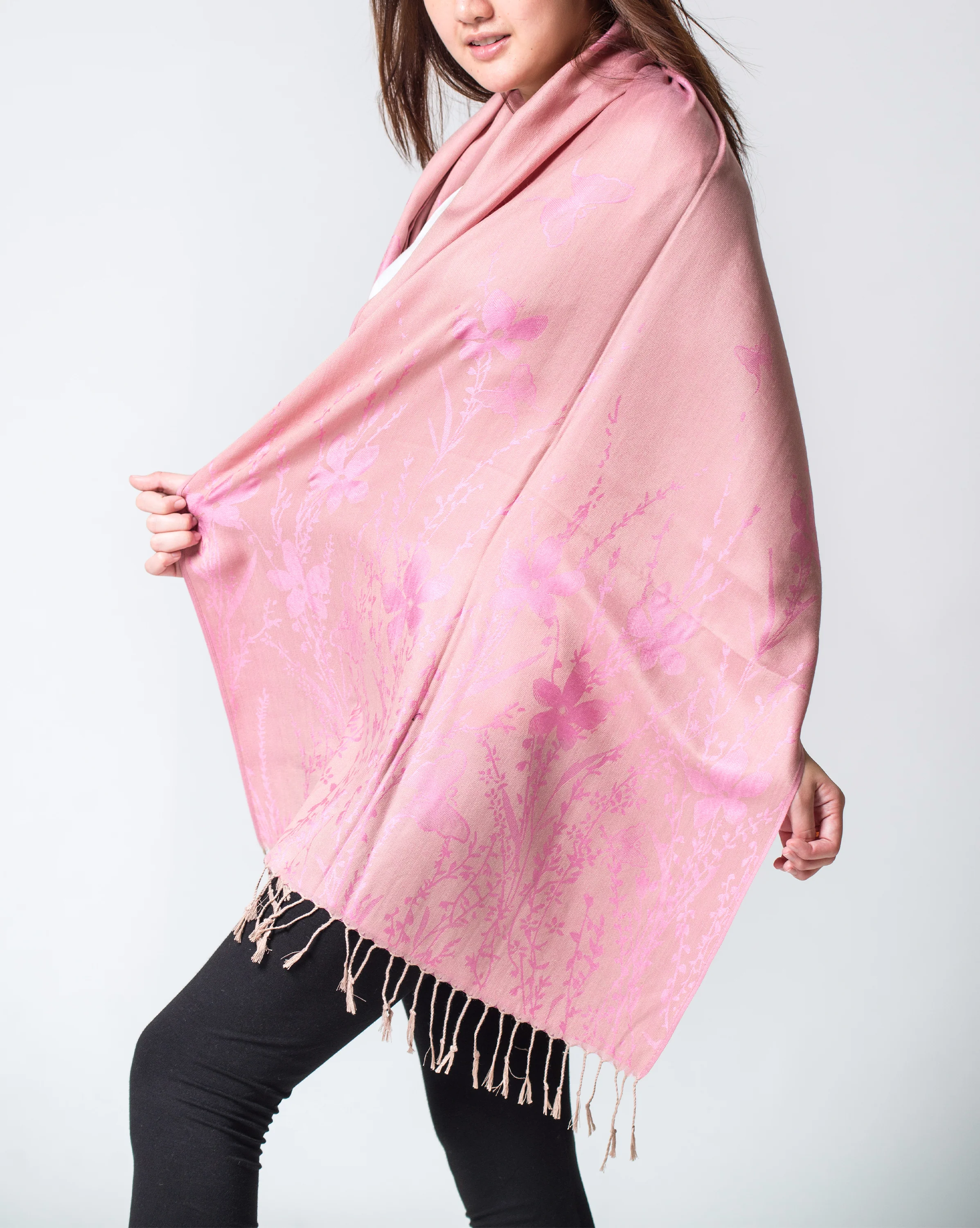 Nepal Floral Butterfly Pashmina Shawl Scarf in Pink