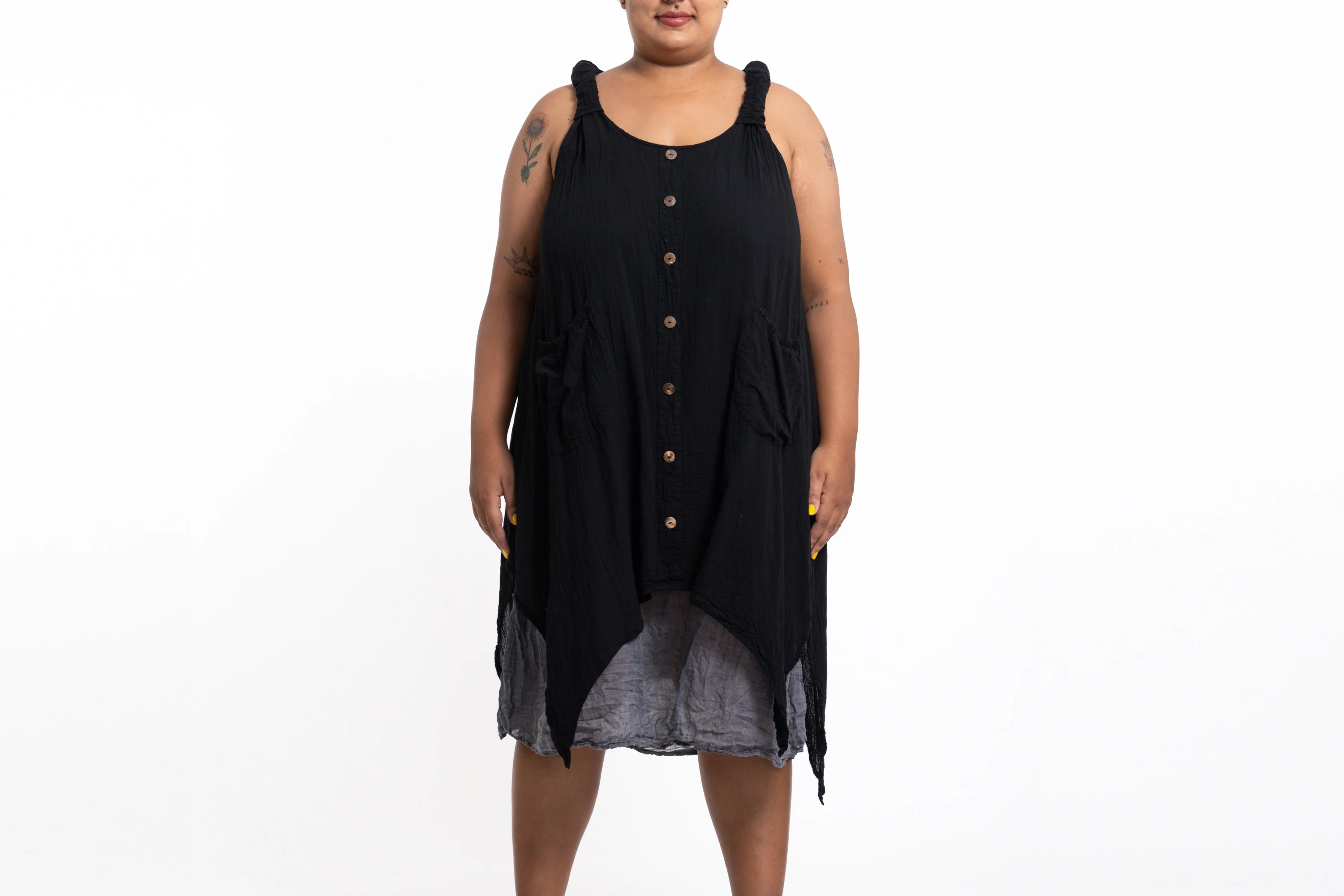 Plus Size Women's Crinkled Hill Tribe Cotton Tank Dress in Black