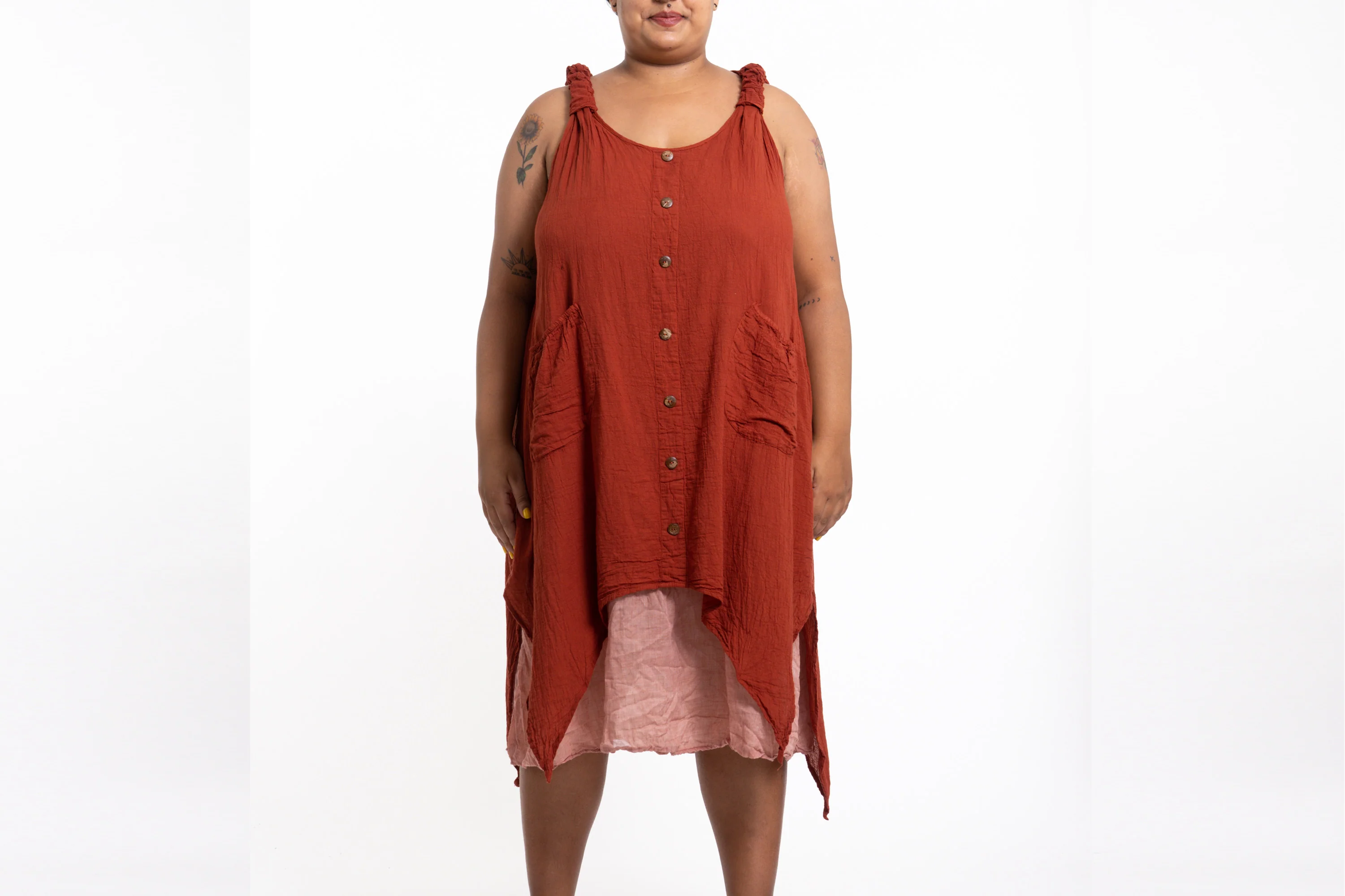 Plus Size Women's Crinkled Hill Tribe Cotton Tank Dress in Brick