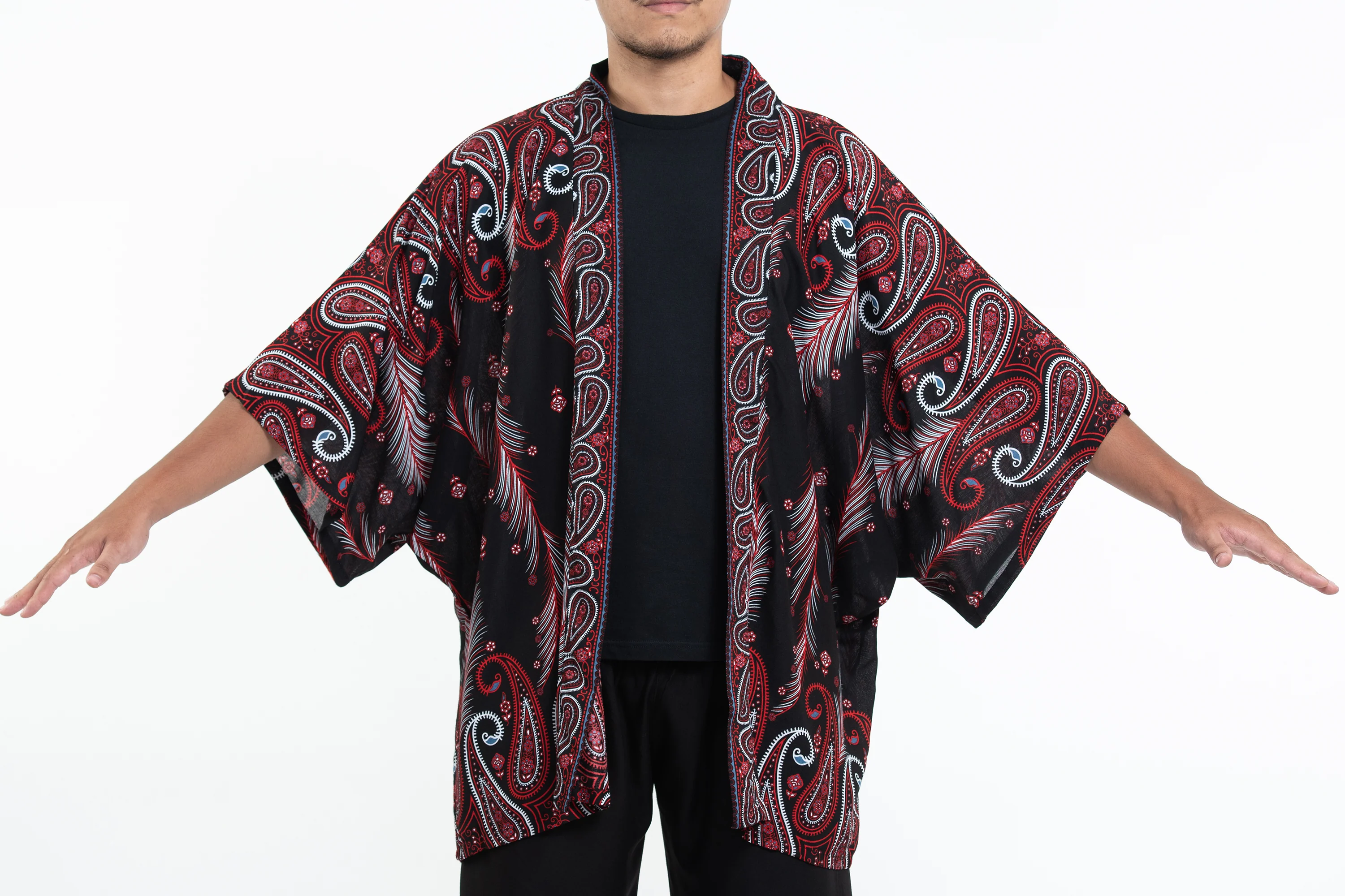 Paisley Feathers Kimono Cardigan in Black