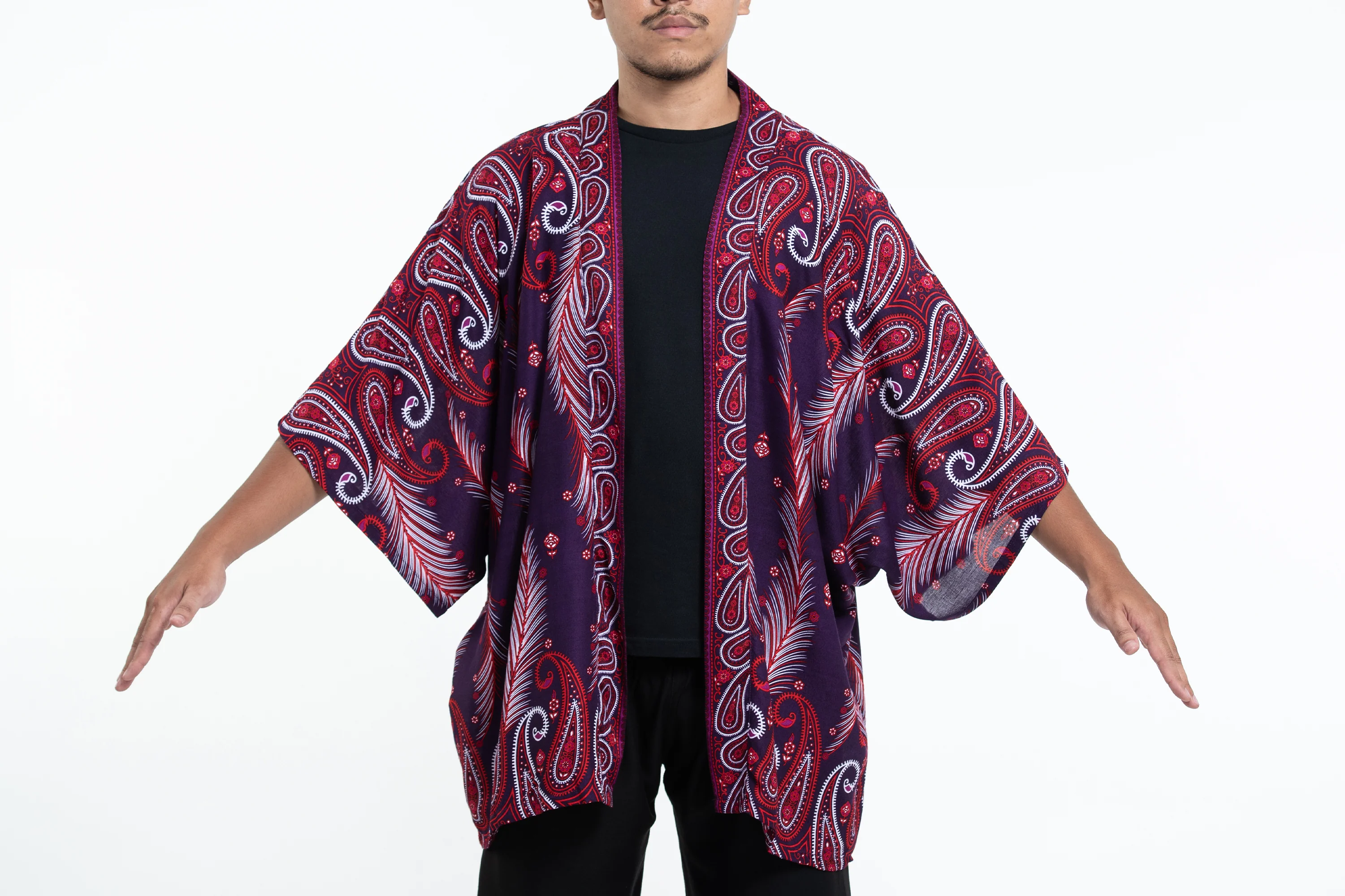 Paisley Feathers Kimono Cardigan in Purple