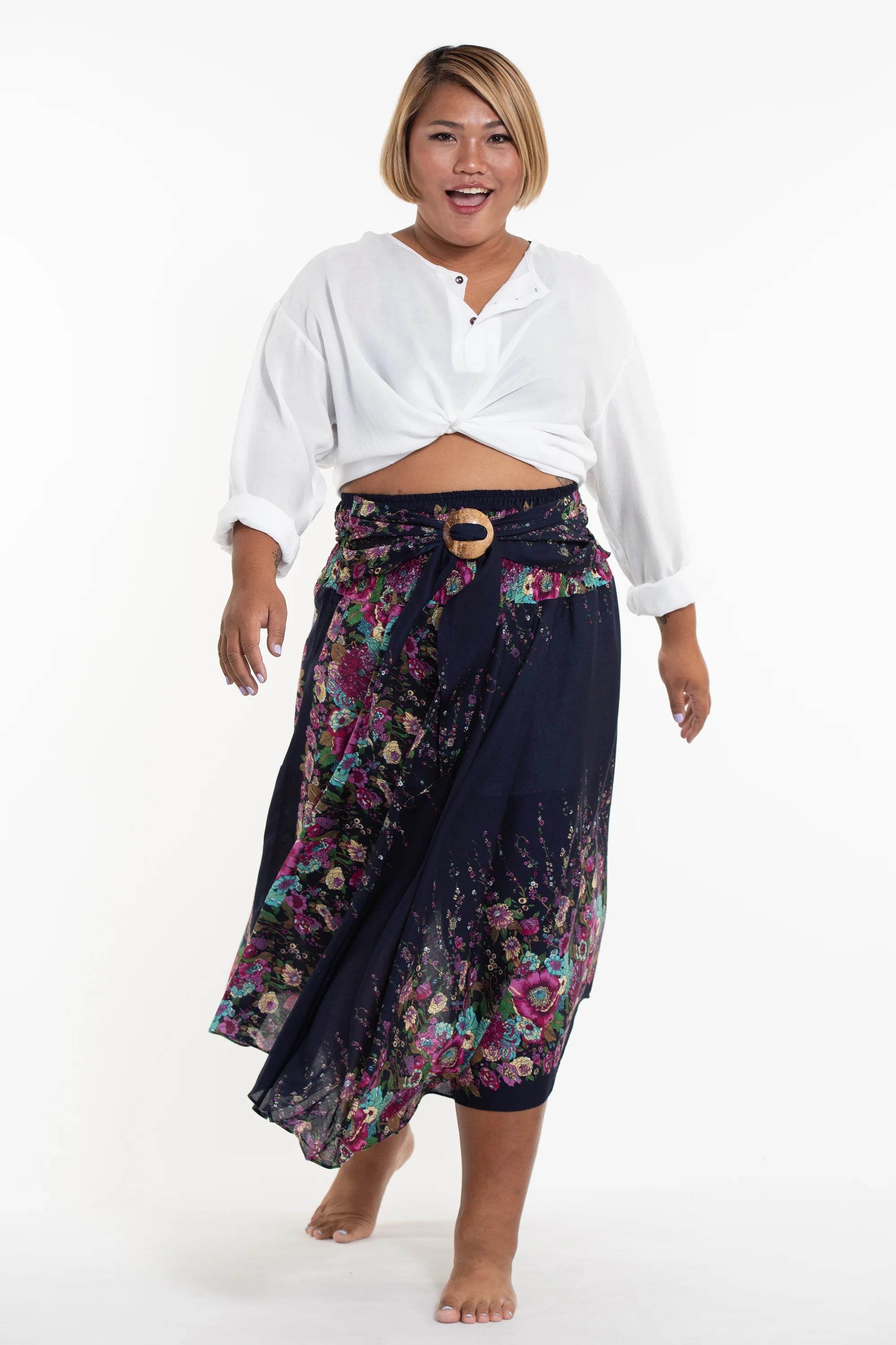 Plus Size Floral Handkerchief Midi Skirt in Blue