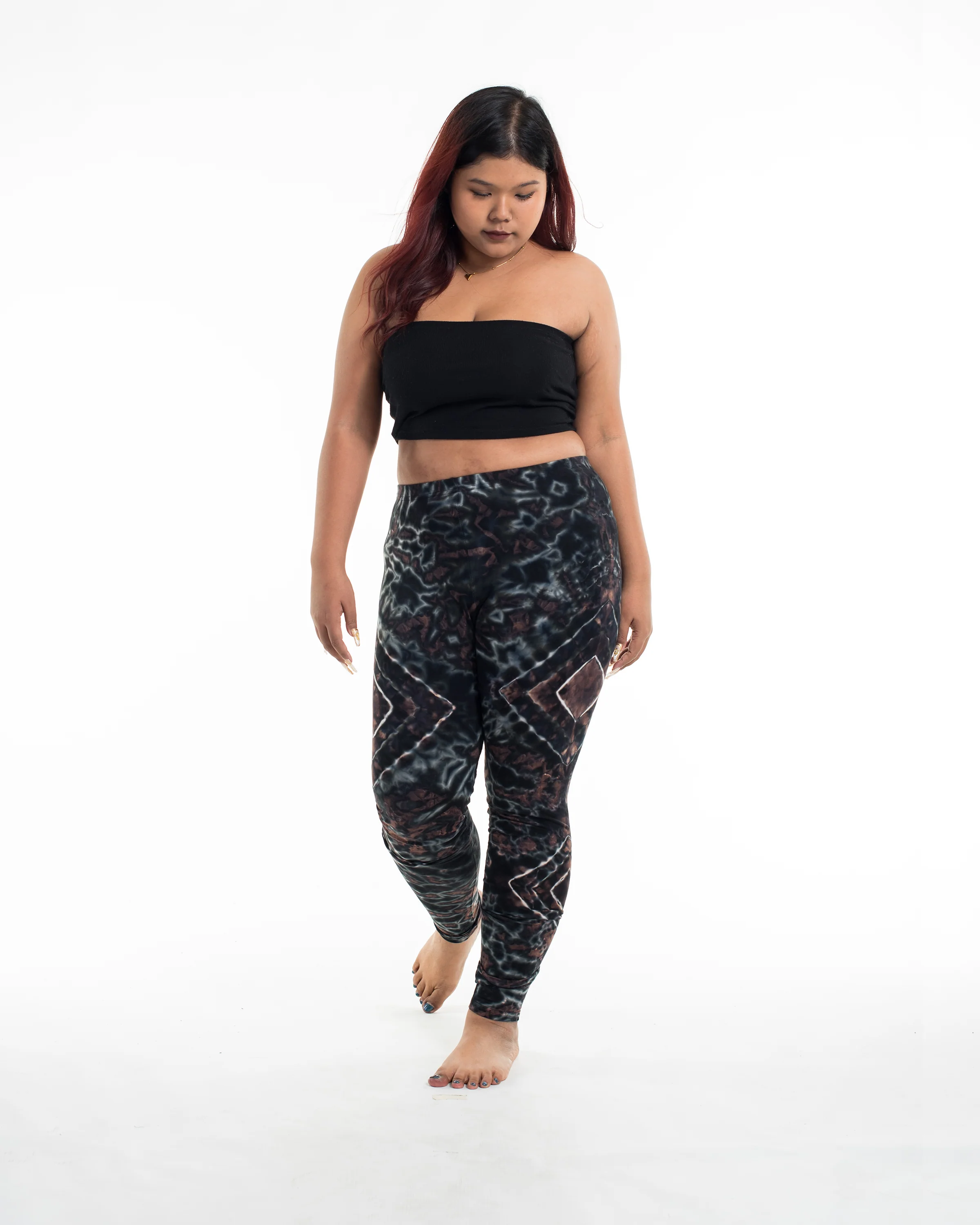 Plus Size Diamond Tie Dye Cotton Leggings in Dark Brown