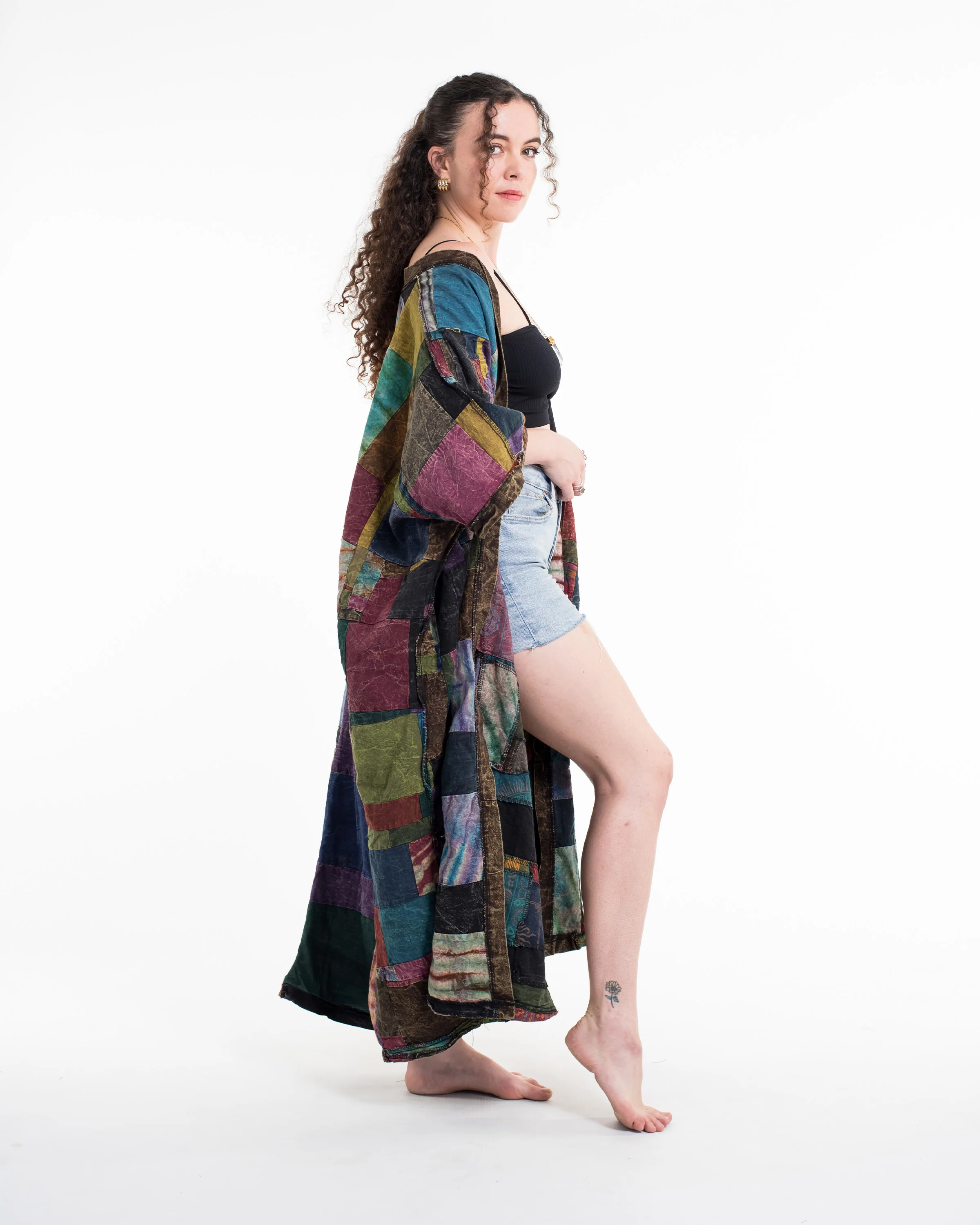 Patchwork Stonewash Long Kimono Robe in Multi Brown