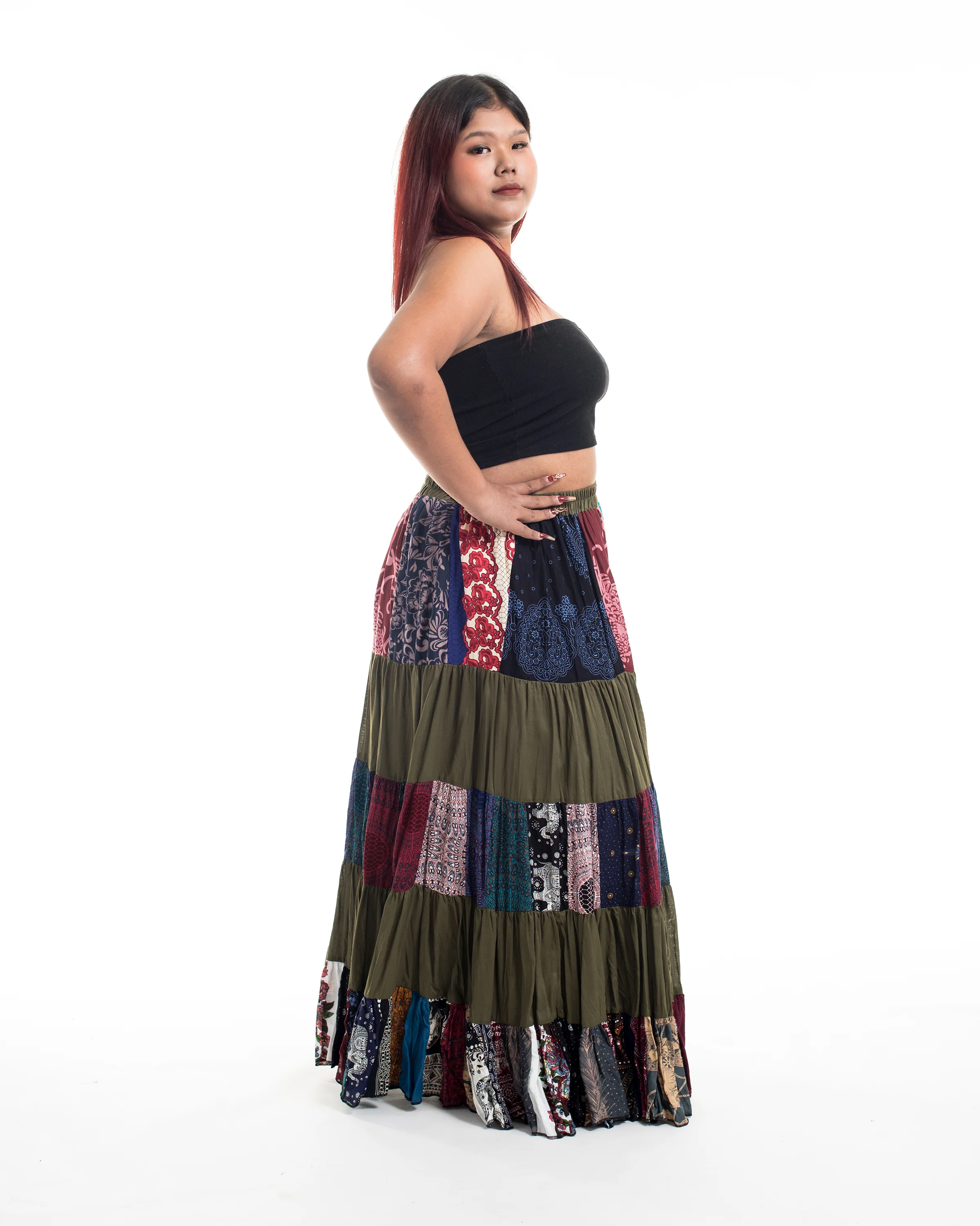 1941-Plus-Size-Patchwork-Long-Skirt-in-Green-3.webp Plus Size Patchwork Long Skirt in Green
