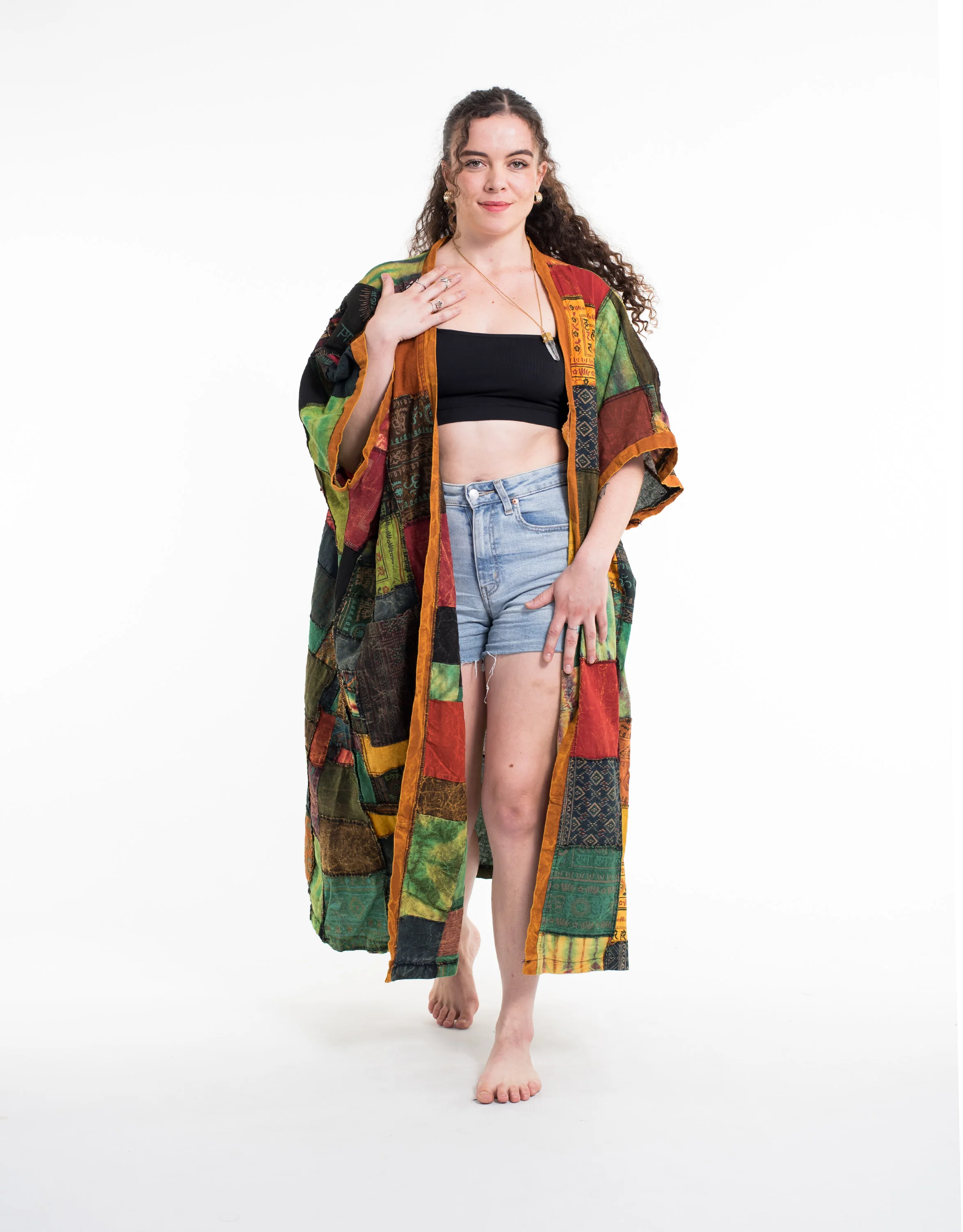 Patchwork Stonewash Long Kimono Robe in Multi Yellow