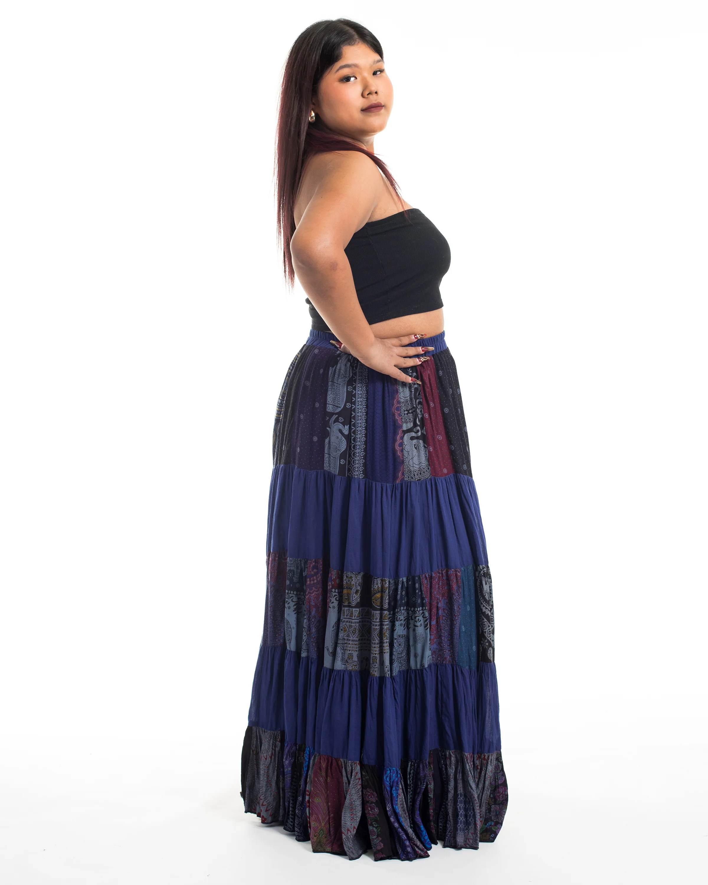 1948-Plus-Size-Patchwork-Long-Skirt-in-Navy-2.webp Plus Size Patchwork Long Skirt in Navy