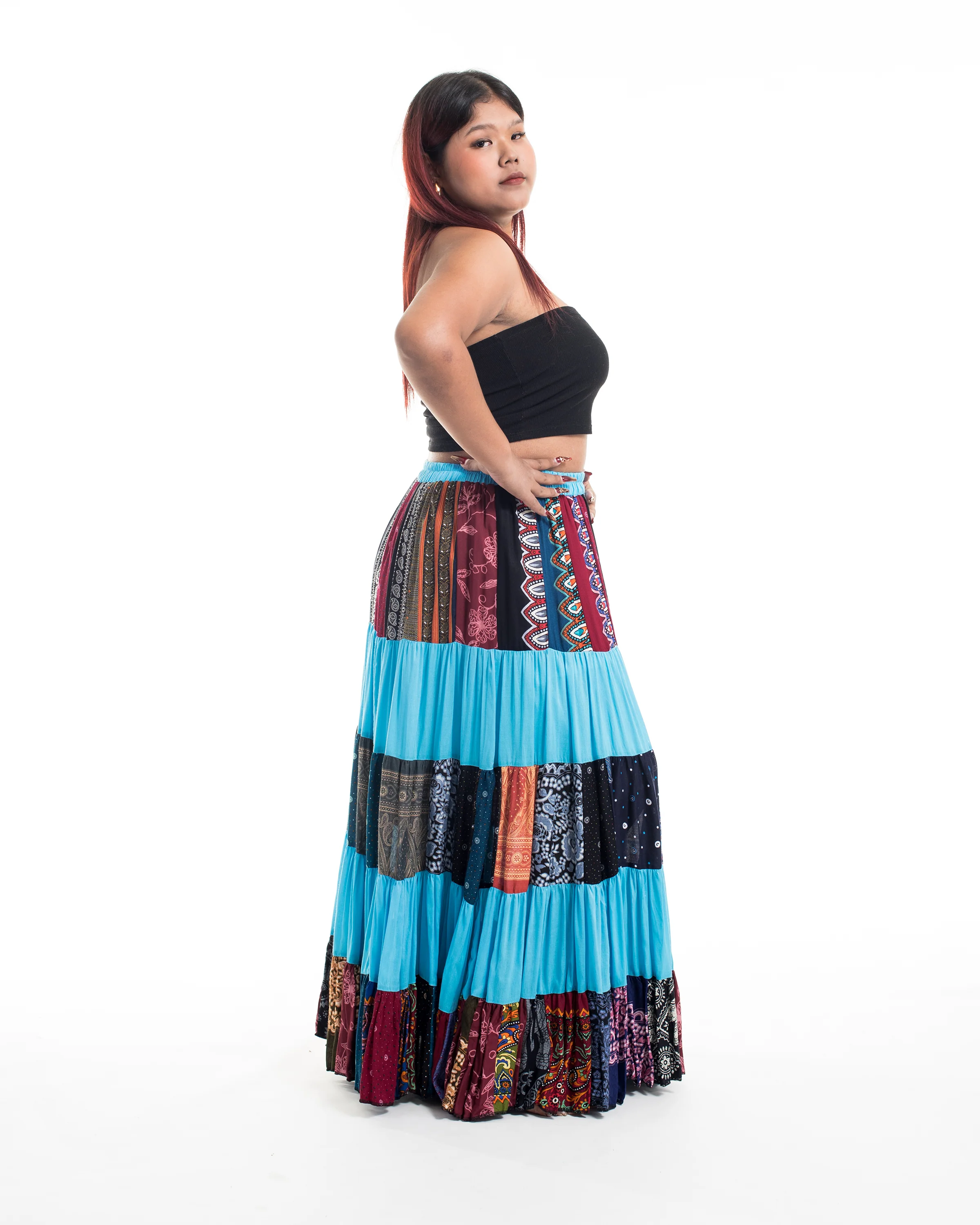 1949-Plus-Size-Patchwork-Long-Skirt-in-Blue-3.webp Plus Size Patchwork Long Skirt in Blue