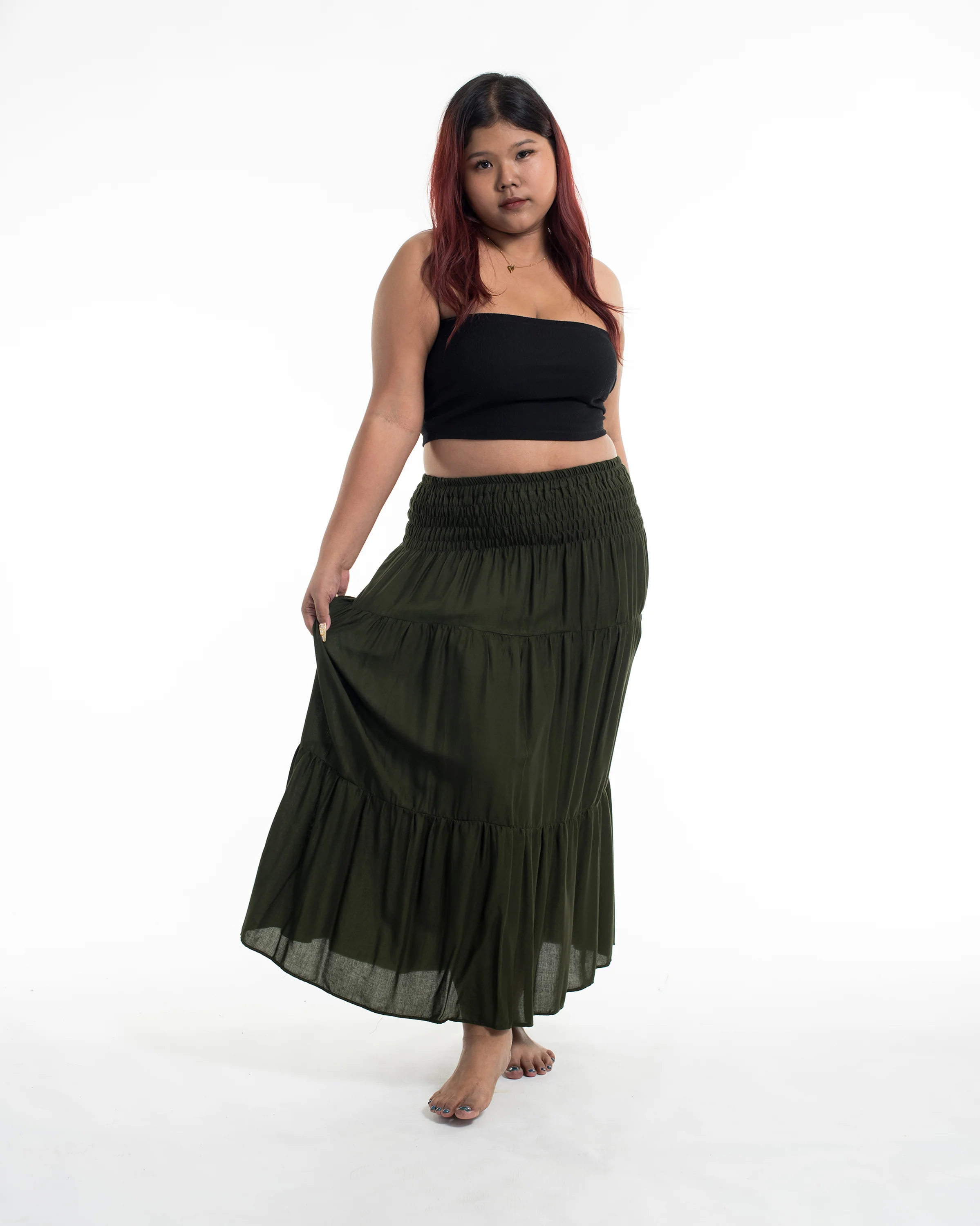 Plus Size Solid Color Midi Skirt in Dark Green