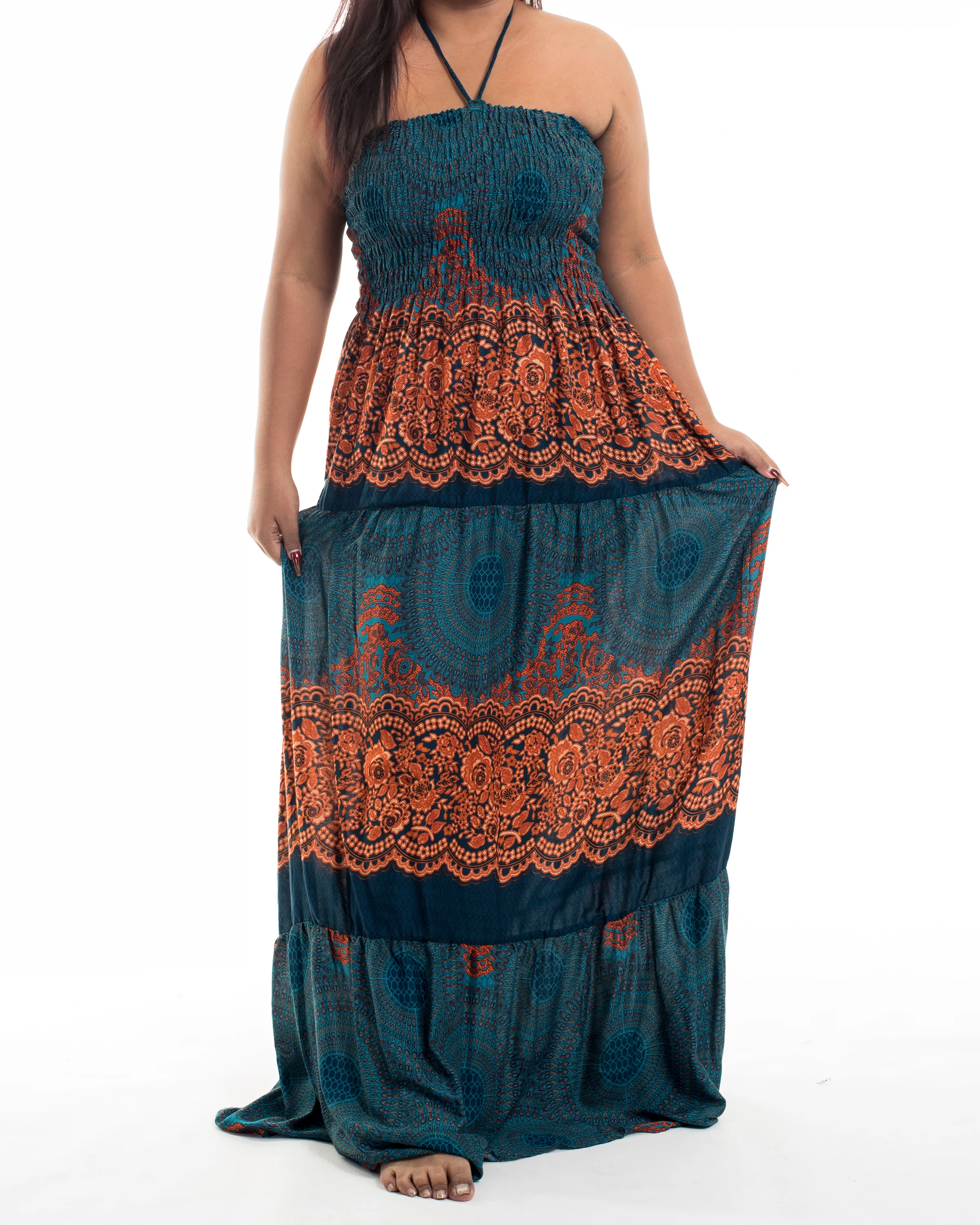 Plus Size Geometric Mandalas Smocked Maxi Dress in Turquoise