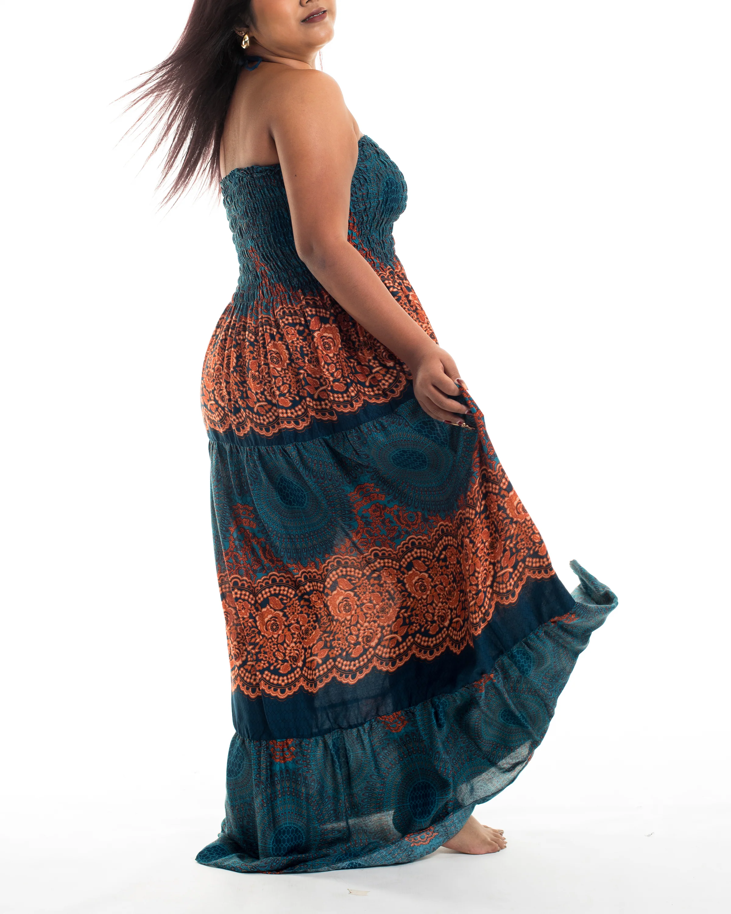 1956-Plus-Size-Geometric-Mandalas-Smocked-Maxi-Dress-in-Turquoise-3.webp Plus Size Geometric Mandalas Smocked Maxi Dress in Turquoise