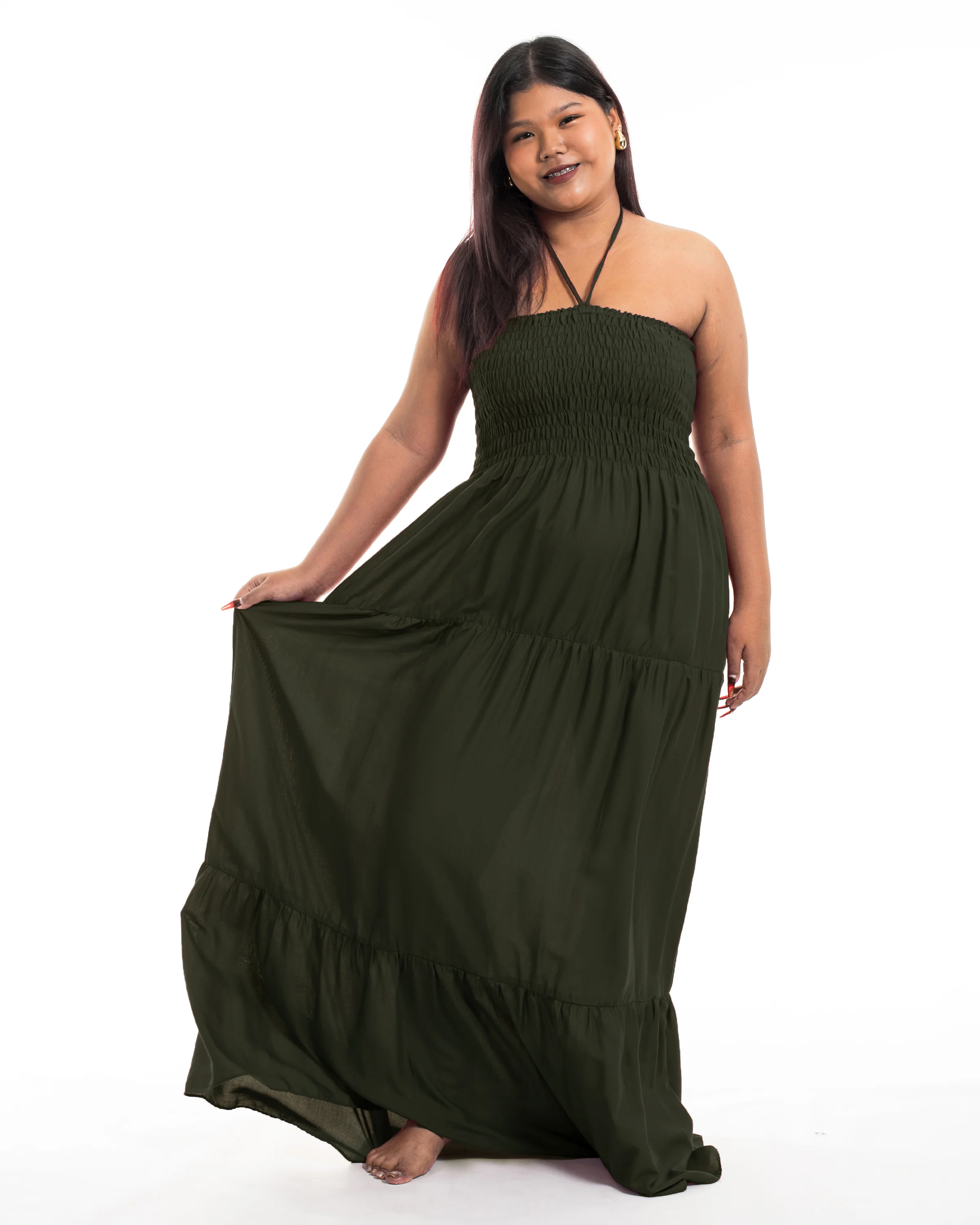 Plus Size Solid Color Smocked Maxi Dress in Dark Green