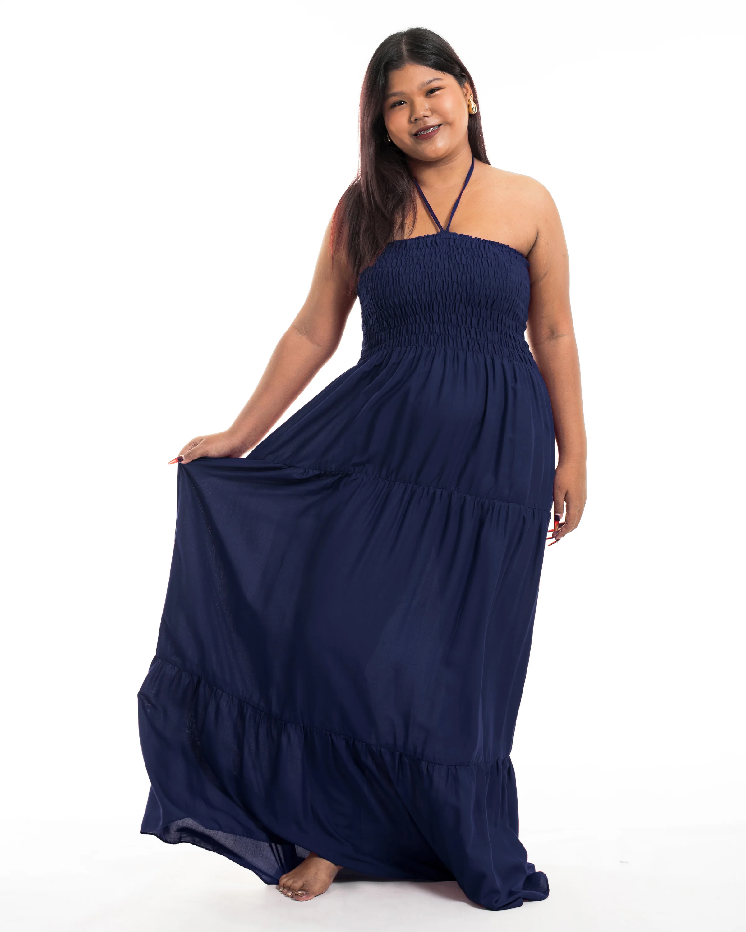 Plus Size Solid Color Smocked Maxi Dress in Blue