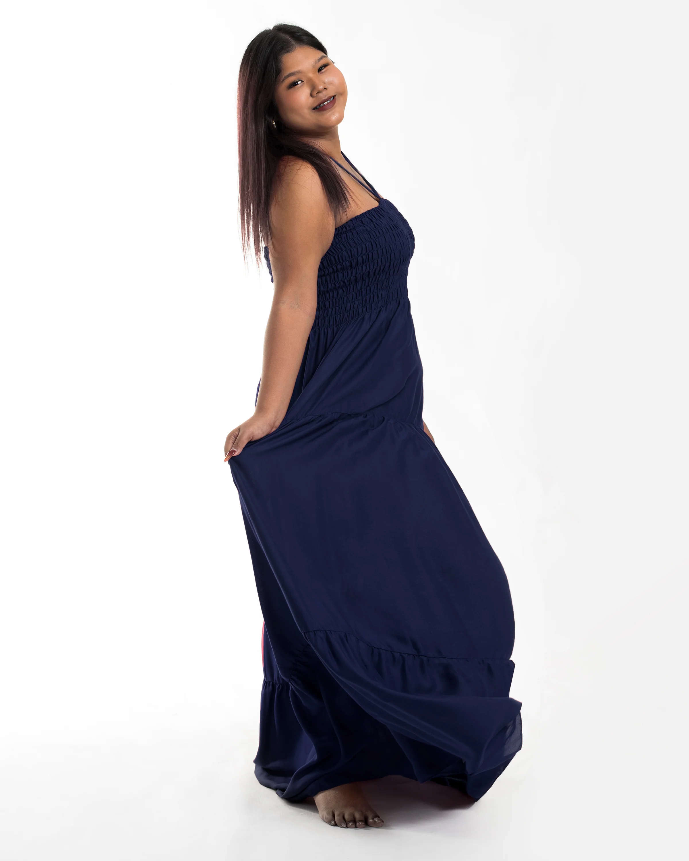 Plus Size Solid Color Smocked Maxi Dress in Blue