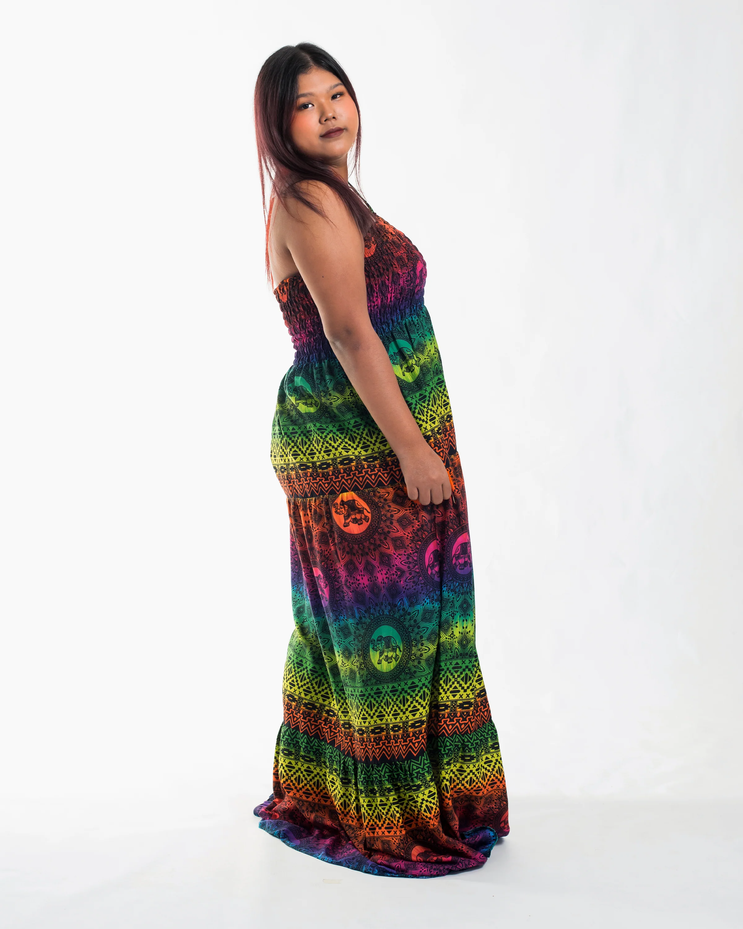 Plus Size Rainbow Elephant Smocked Maxi Dress in Green