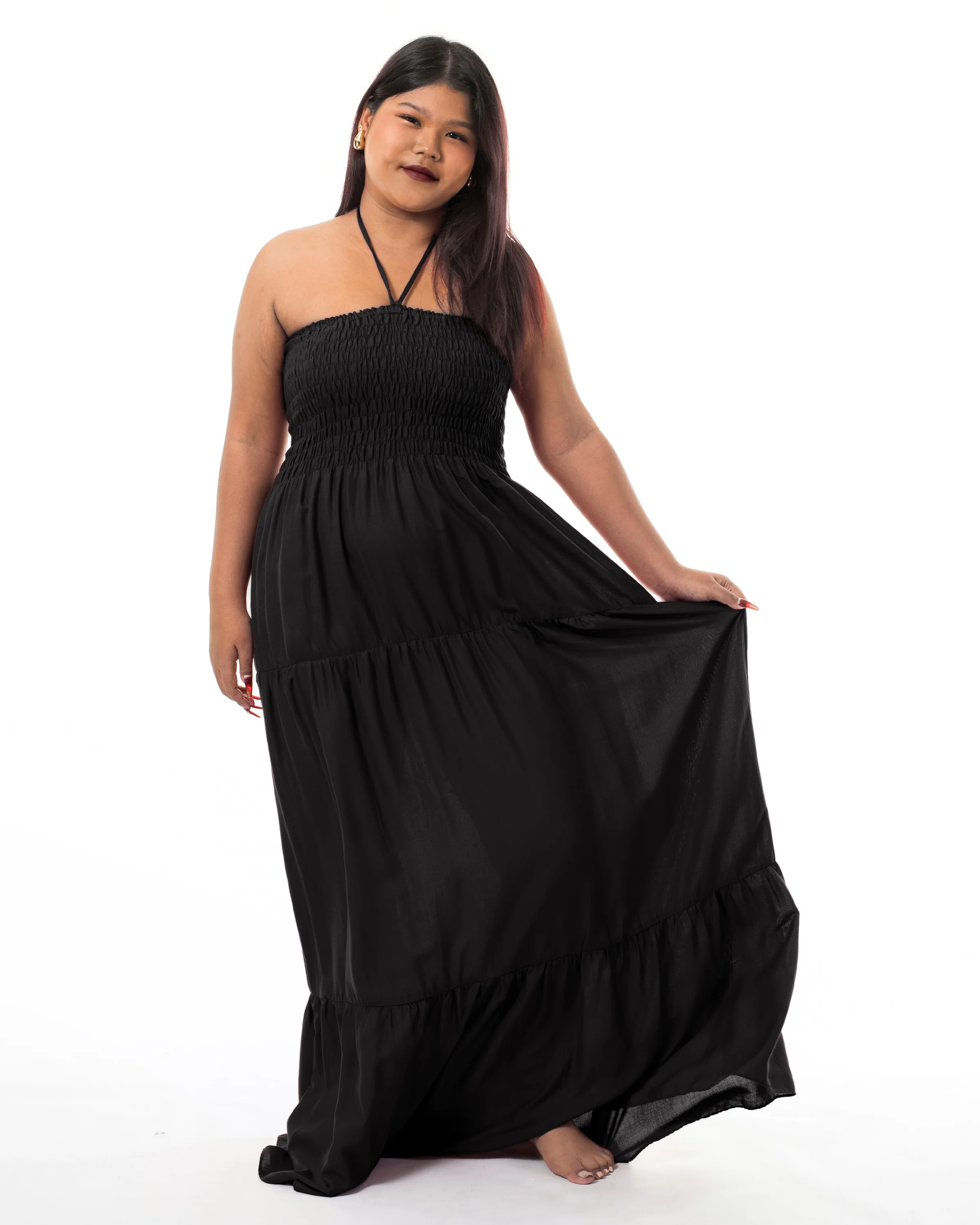 Plus Size Solid Color Smocked Maxi Dress in Black