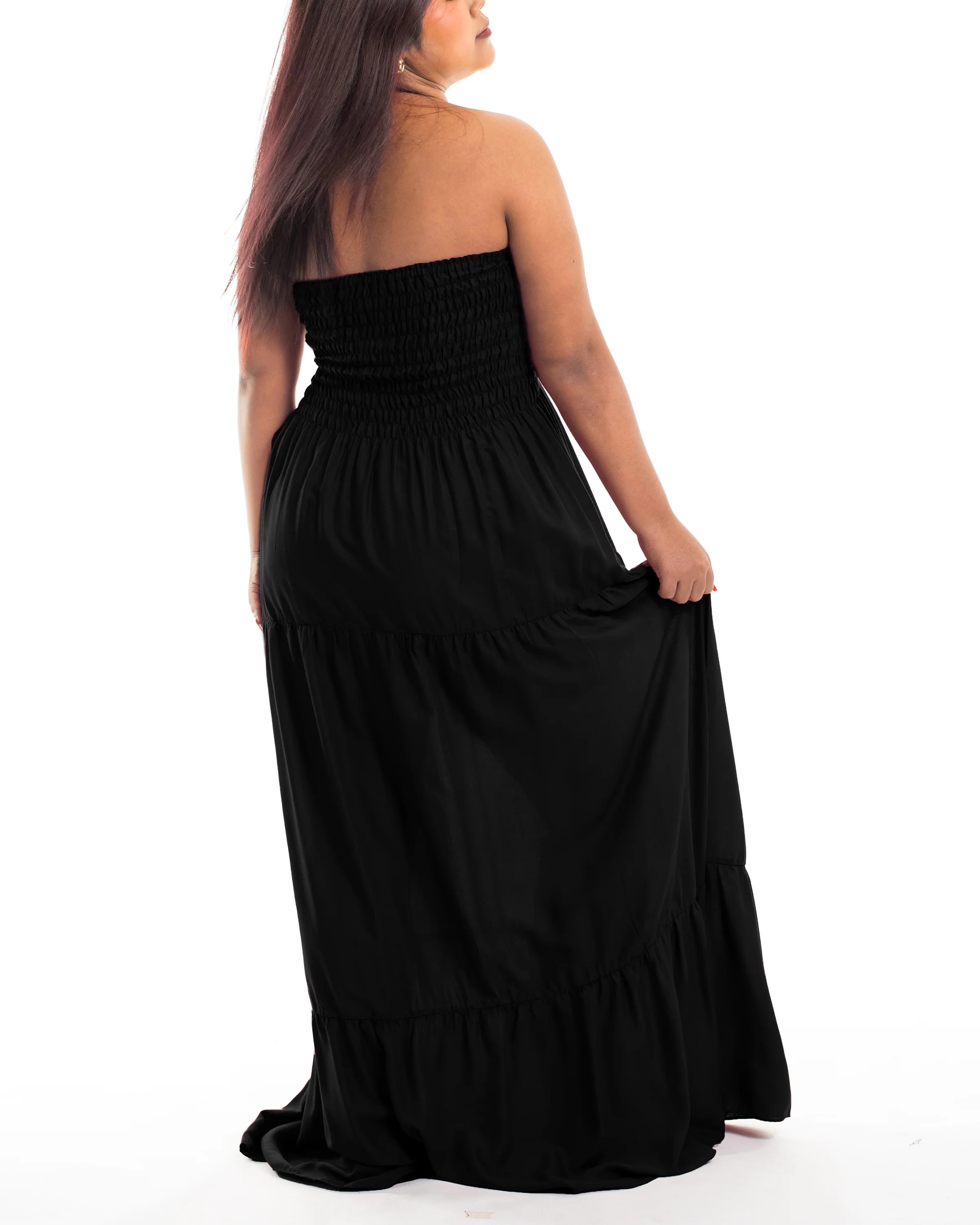 Plus Size Solid Color Smocked Maxi Dress in Black