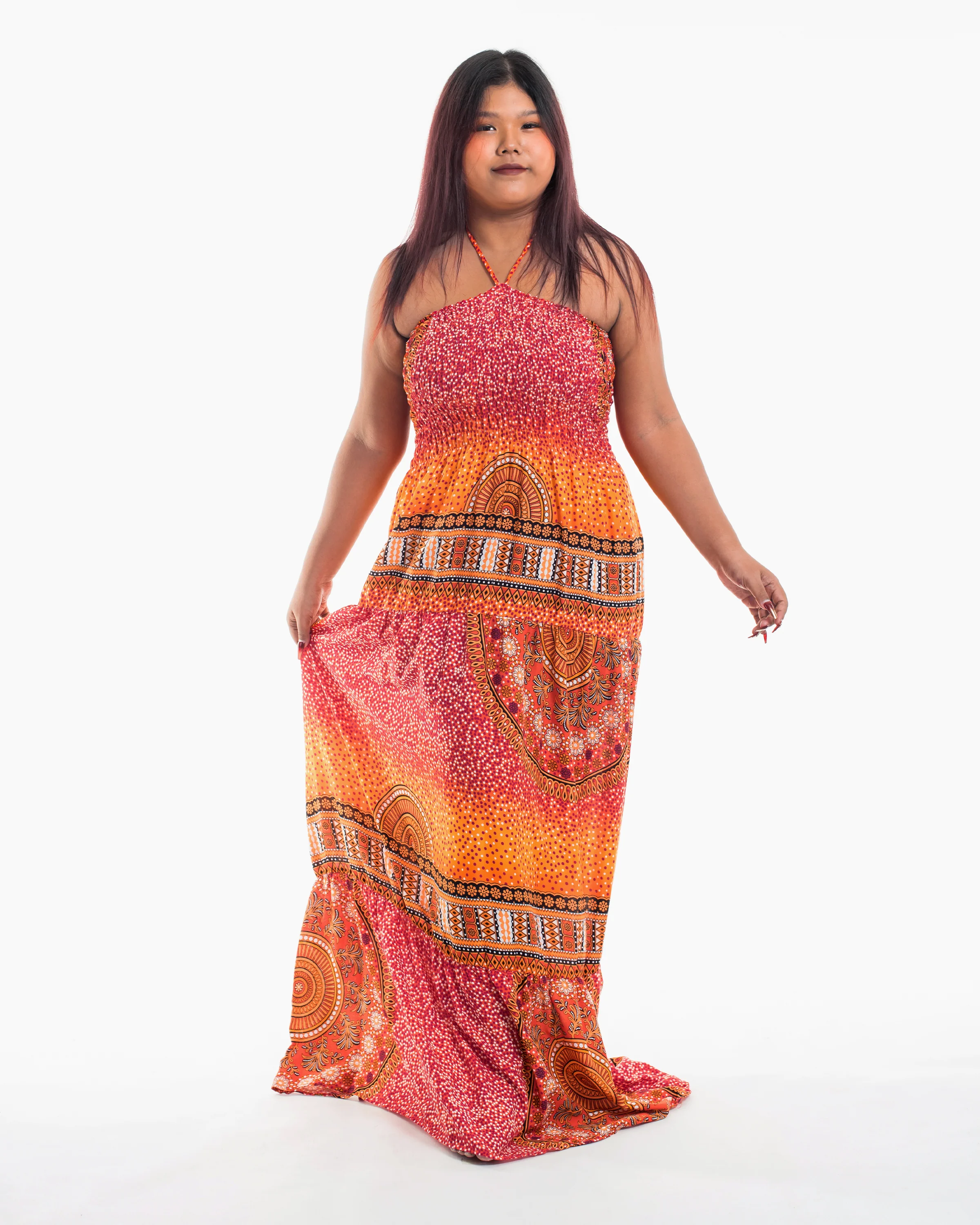 Plus Size Tribal Chakras Smocked Maxi Dress in Orange