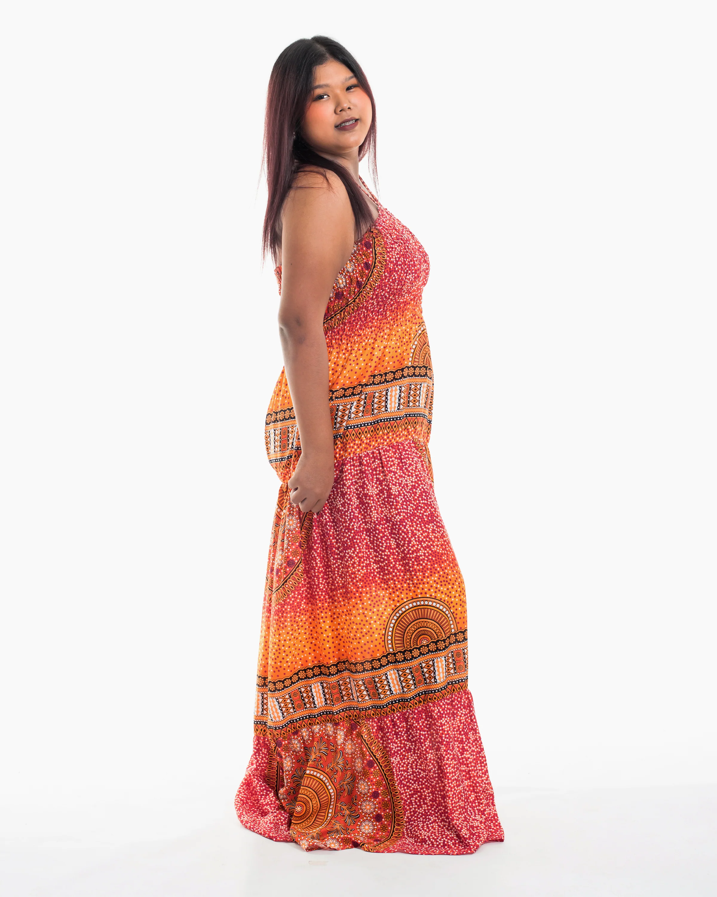 Plus Size Tribal Chakras Smocked Maxi Dress in Orange