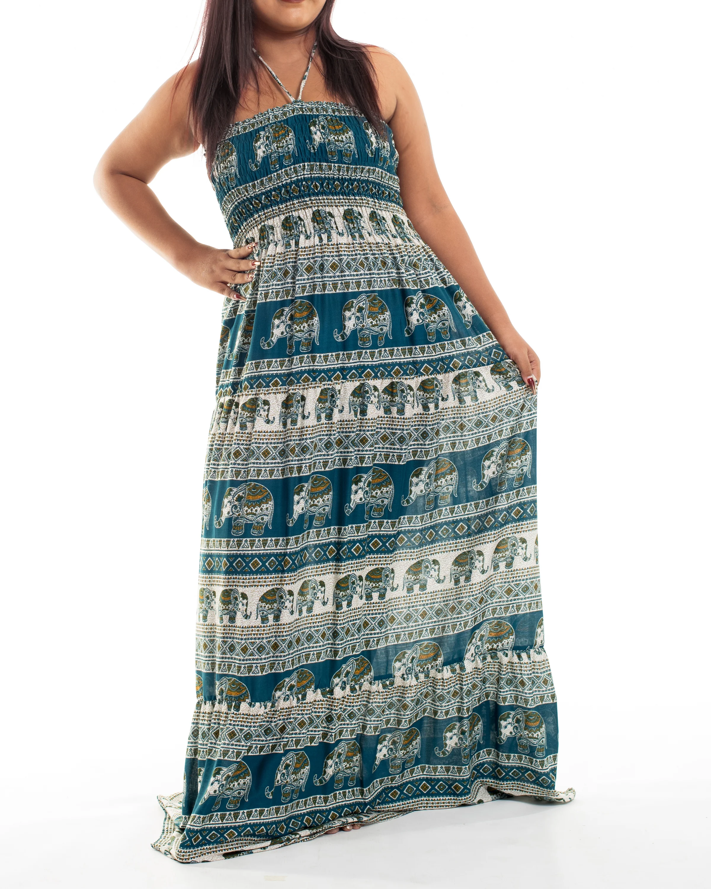 Plus Size Festive Elephants Smocked Maxi Dress in Teal