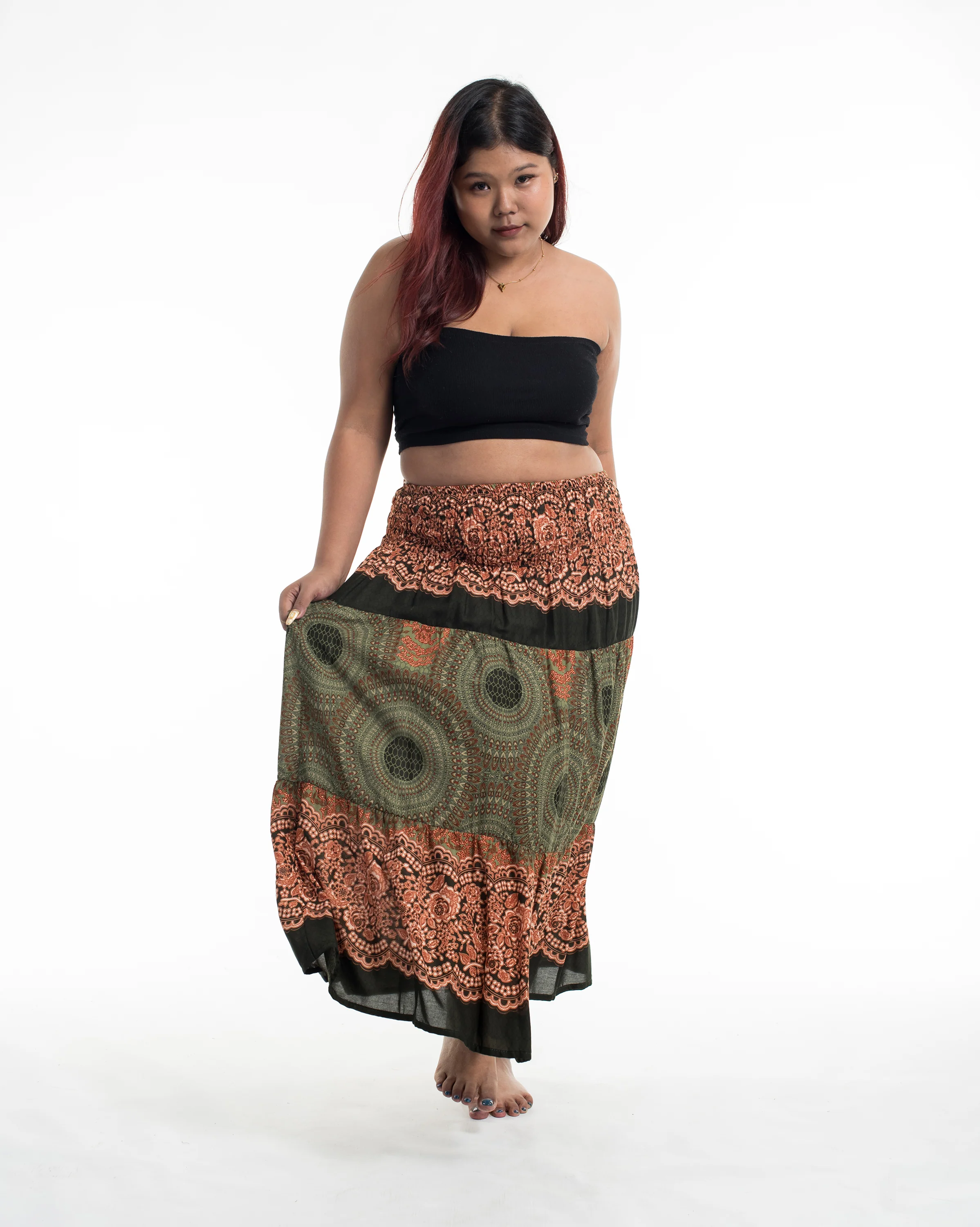 Plus Size Geometric Mandalas Midi Skirt in Olive