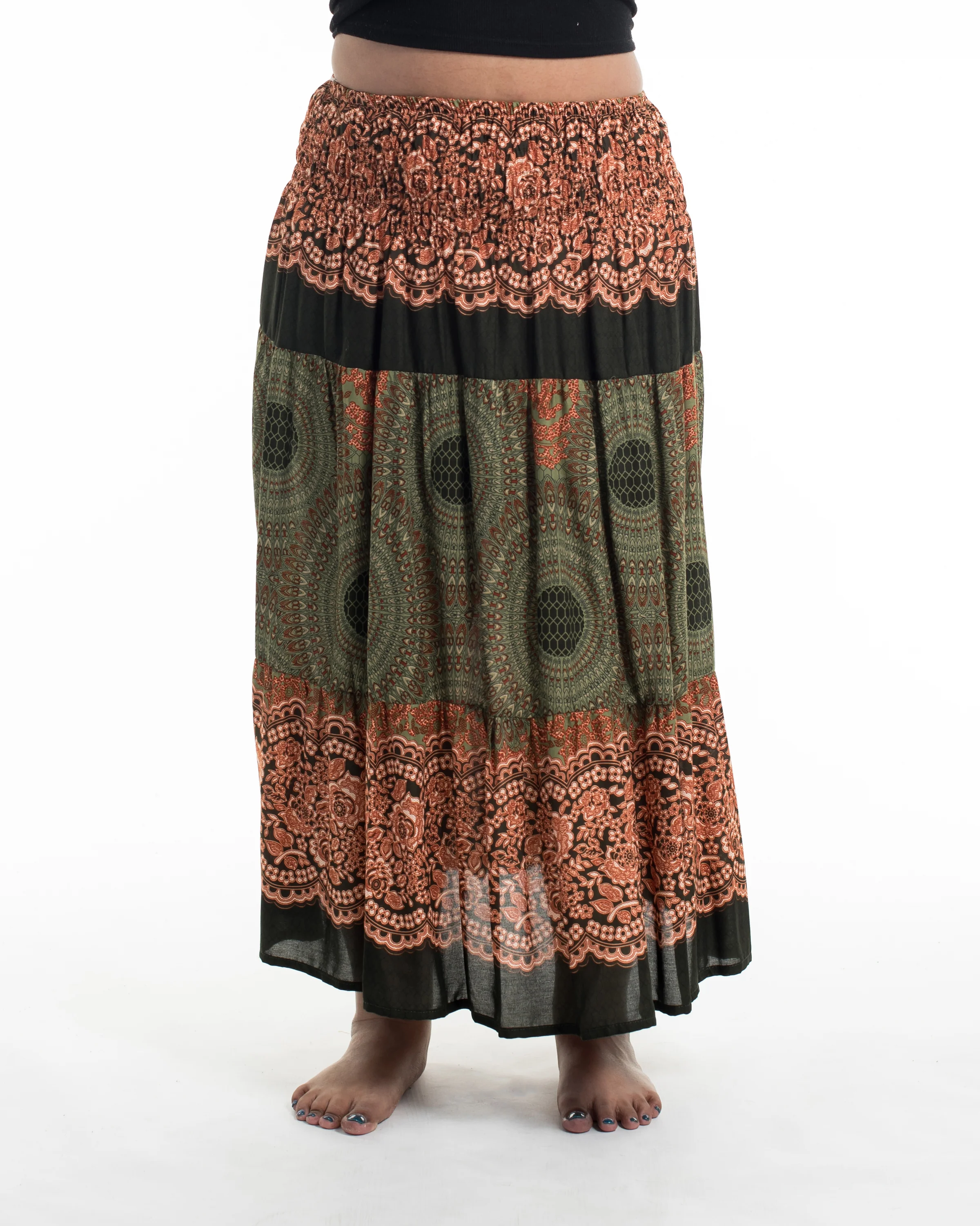 Plus Size Geometric Mandalas Midi Skirt in Olive