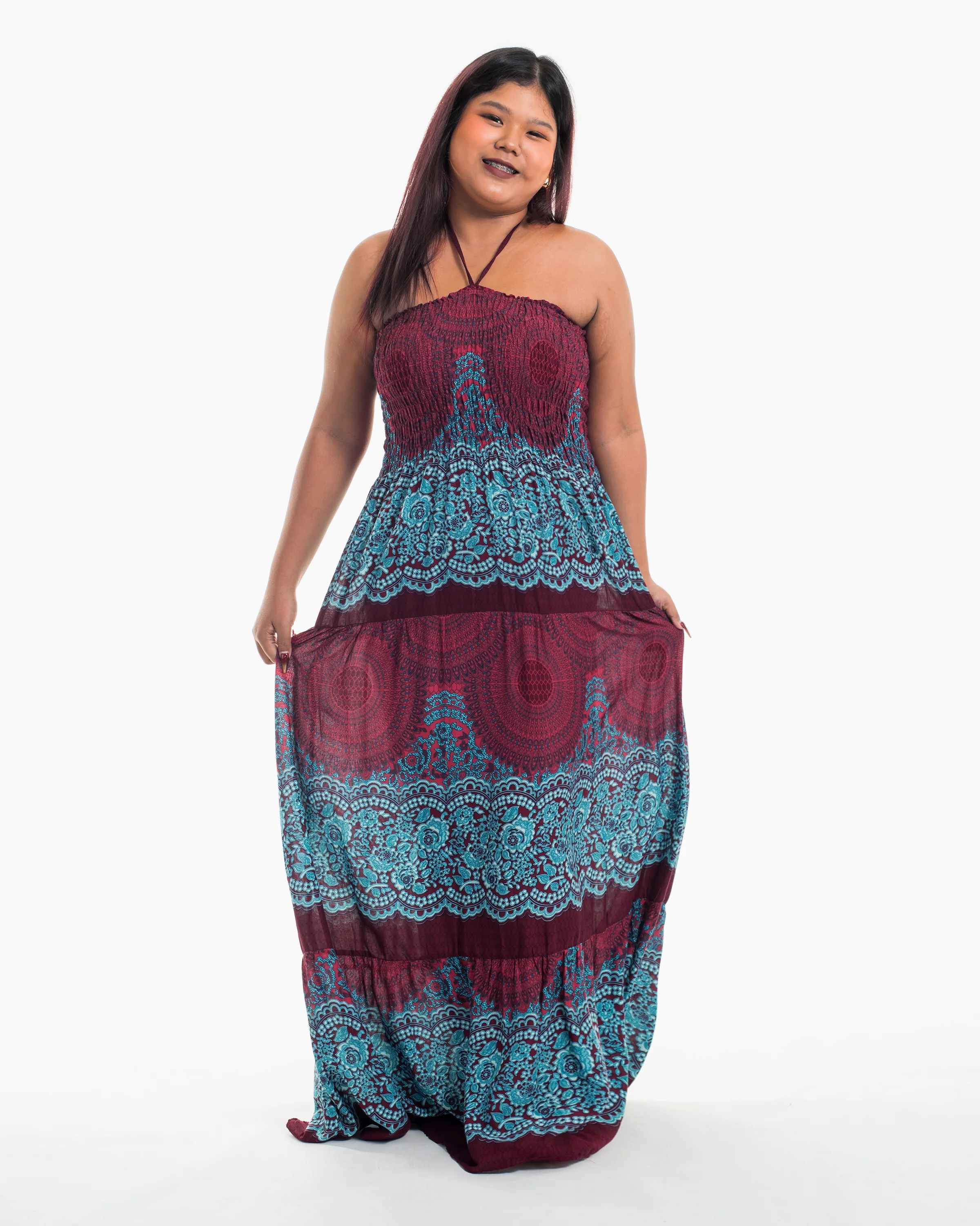 Plus Size Geometric Mandalas Smocked Maxi Dress in Red