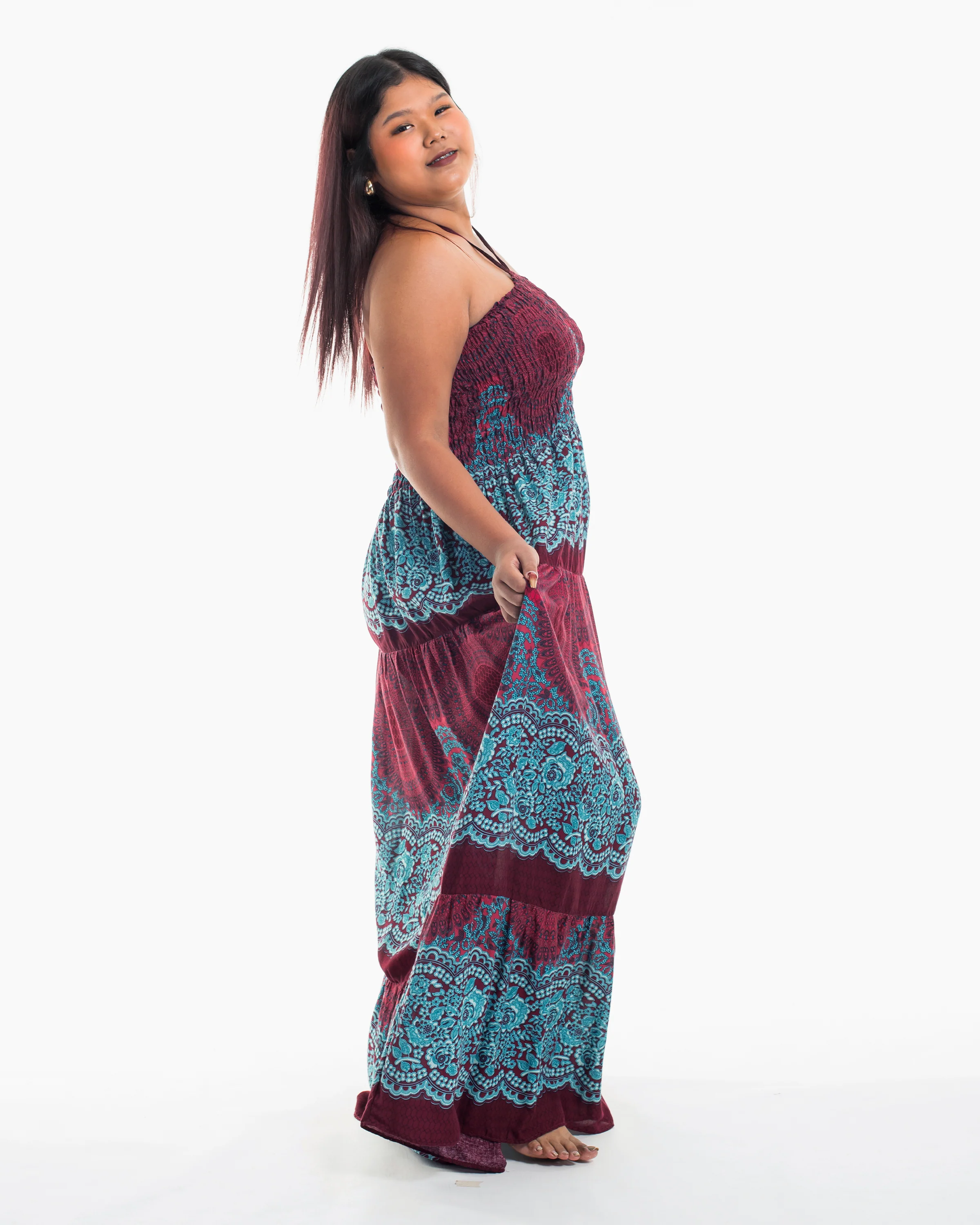 Plus Size Geometric Mandalas Smocked Maxi Dress in Red