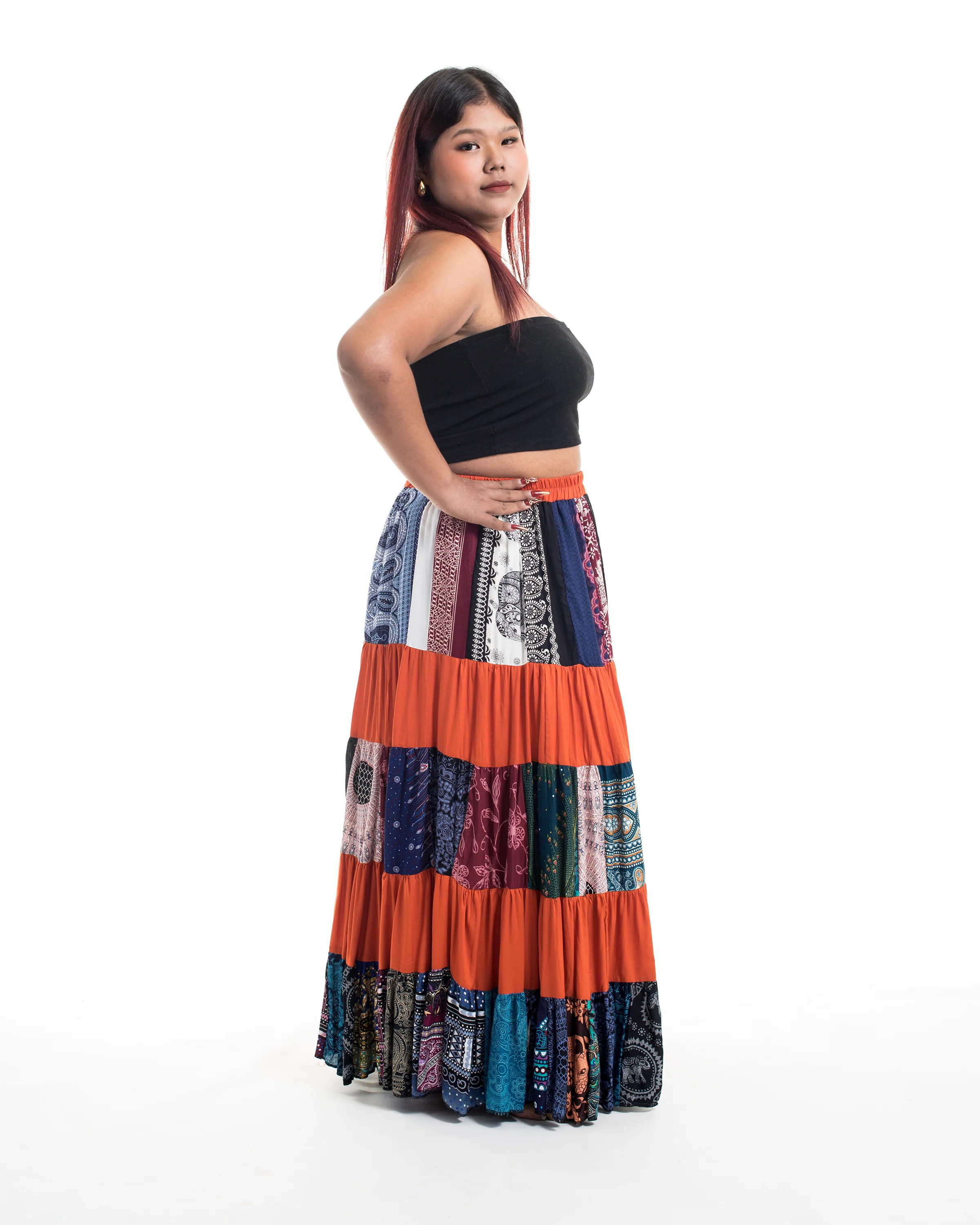 1978-Plus-Size-Patchwork-Long-Skirt-in-Orange-3.webp Plus Size Patchwork Long Skirt in Orange