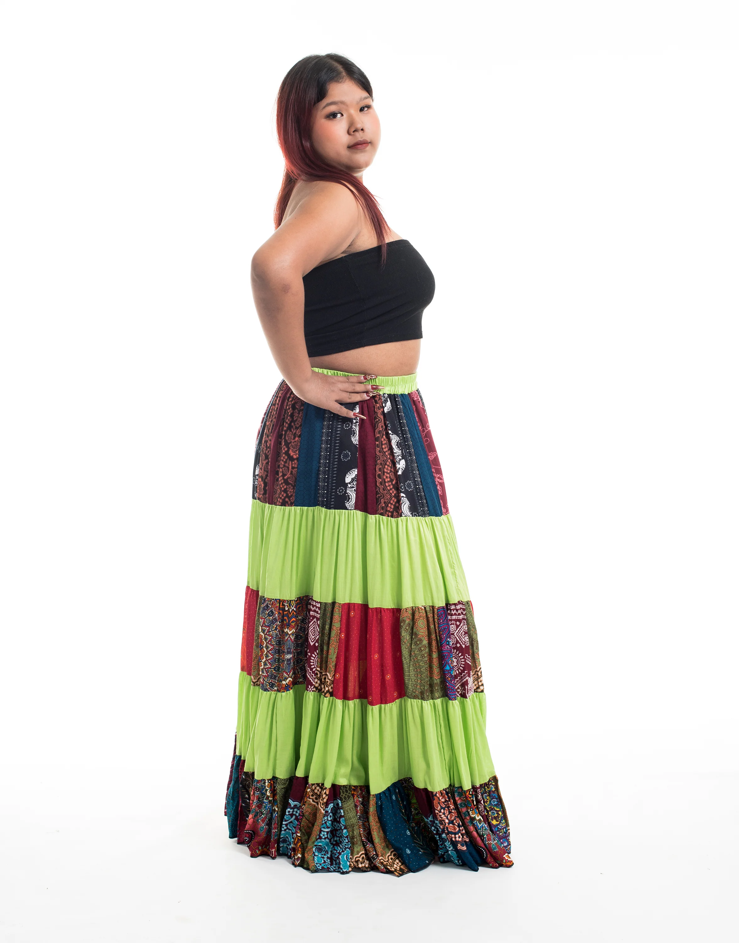 1979-Plus-Size-Patchwork-Long-Skirt-in-Lime-Green-3.webp Plus Size Patchwork Long Skirt in Lime Green