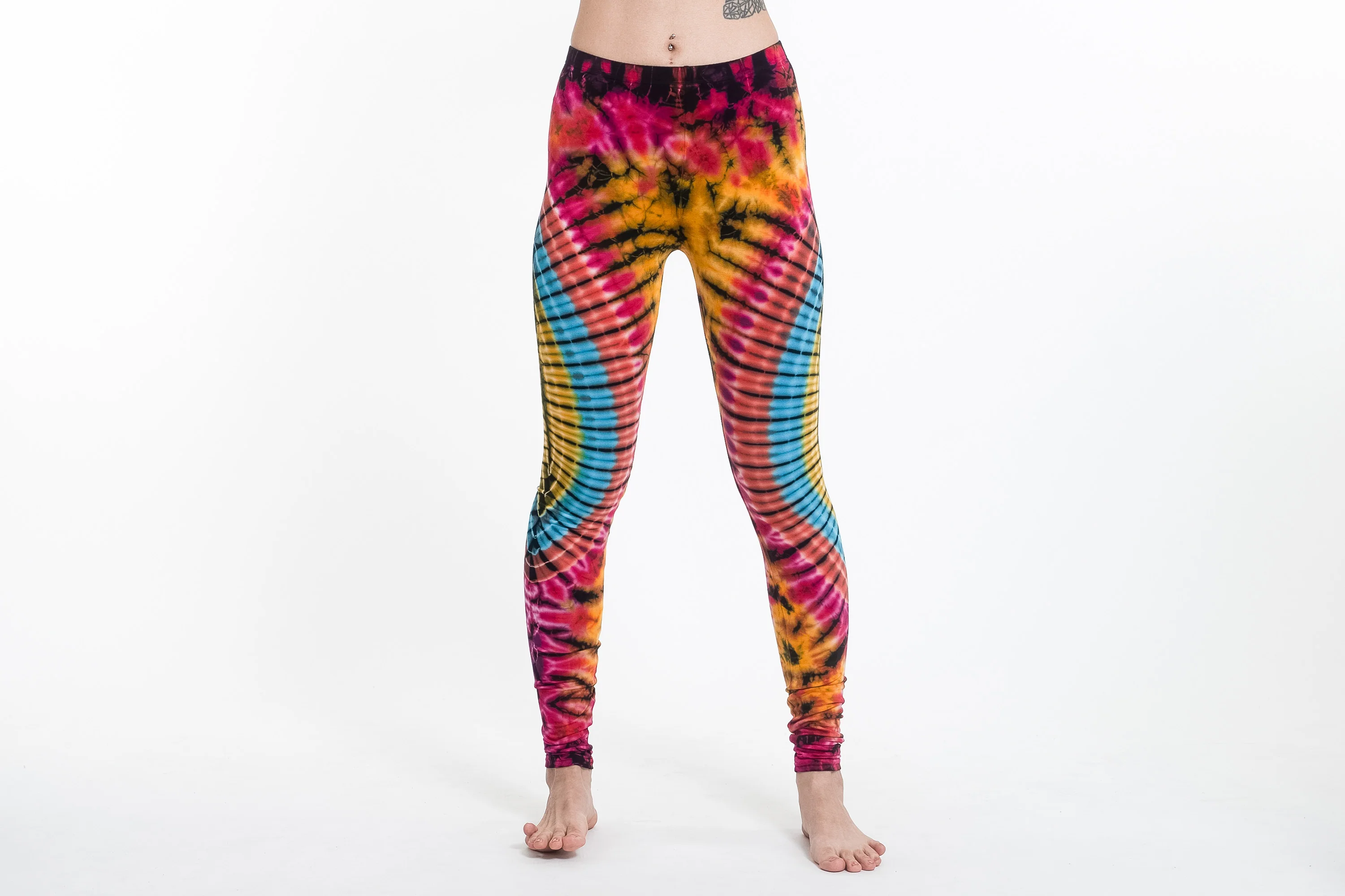 Oval Swirls Tie Dye Cotton Leggings in Pink Rainbow