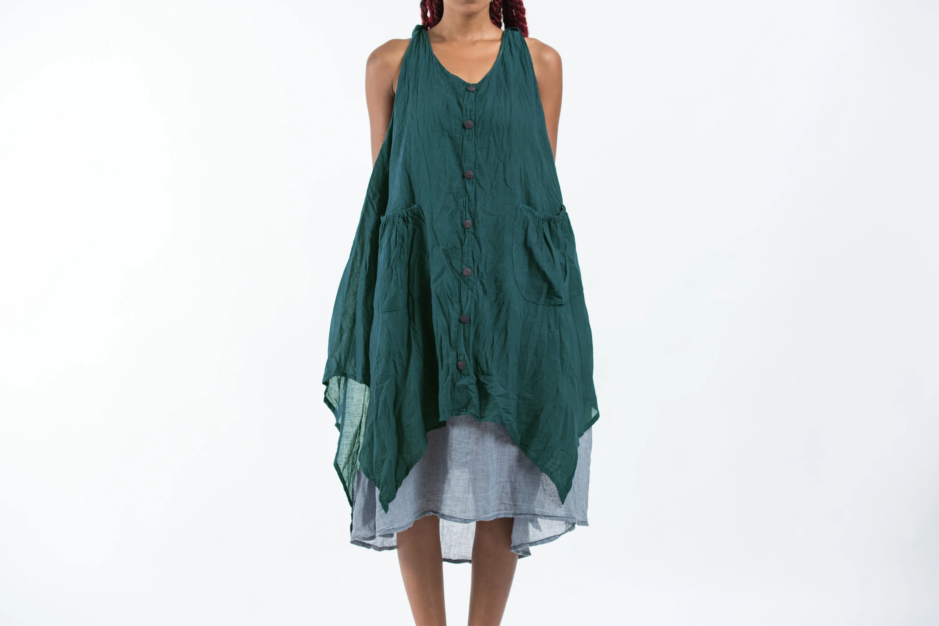 Crinkled Hill Tribe Cotton Tank Dress in Teal