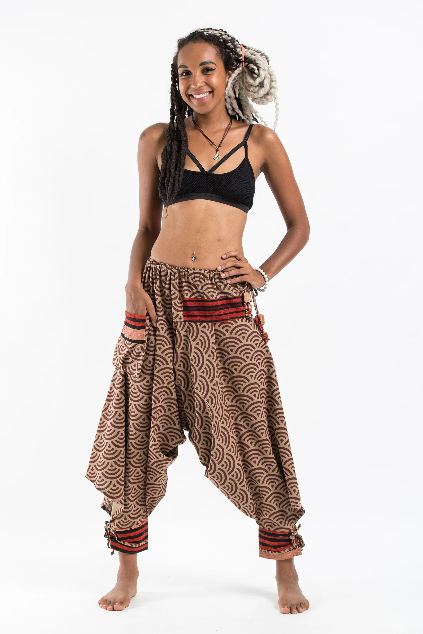 Seigaiha Wave Print Hill Tribe Drawstring Women's Harem Pants with Ankle Straps