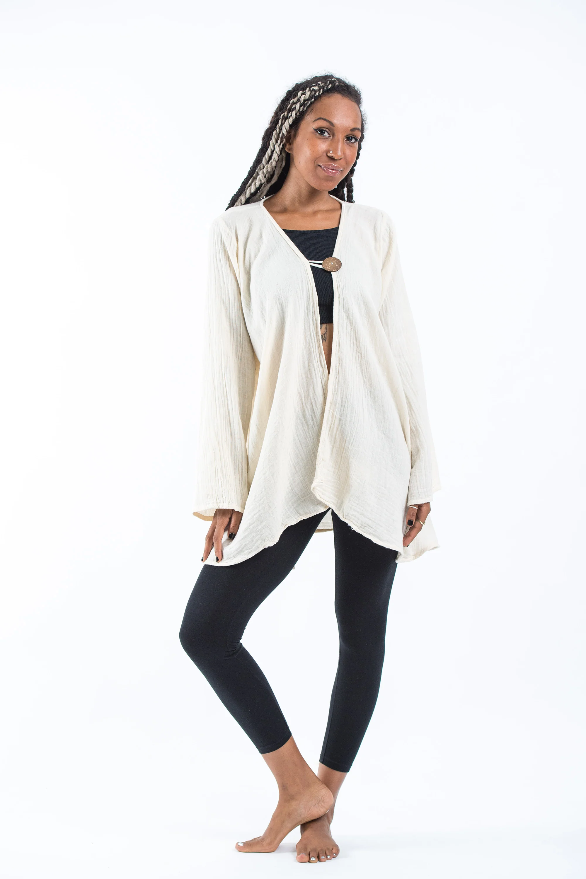 Women's Crinkled Hill Tribe Cotton Cardigan in Off White
