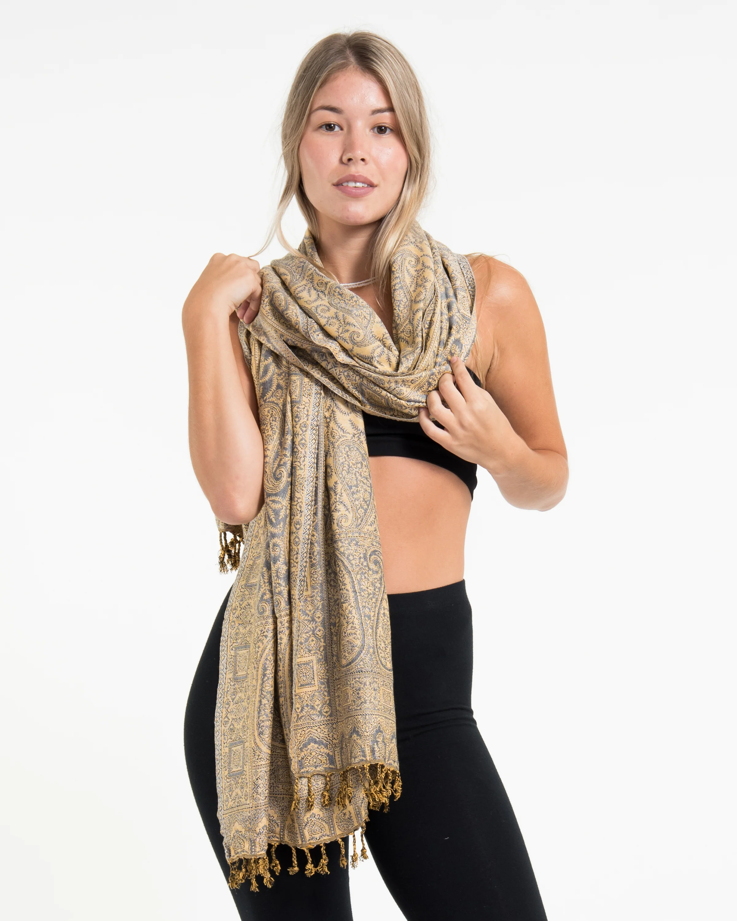 Indian Traditional Paisley Pashmina Shawl Scarf in Blue Gray