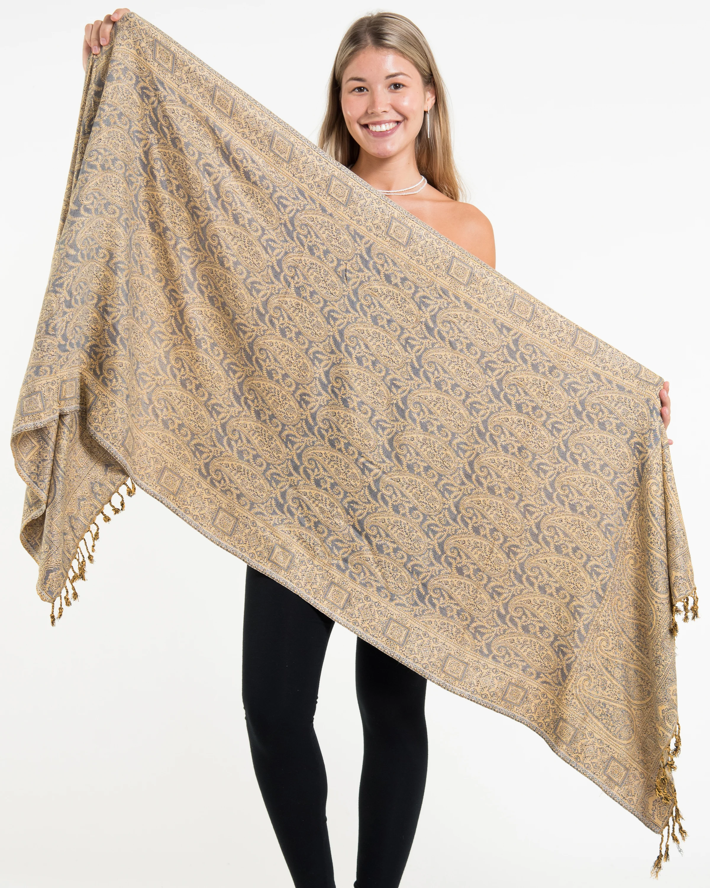 Indian Traditional Paisley Pashmina Shawl Scarf in Blue Gray