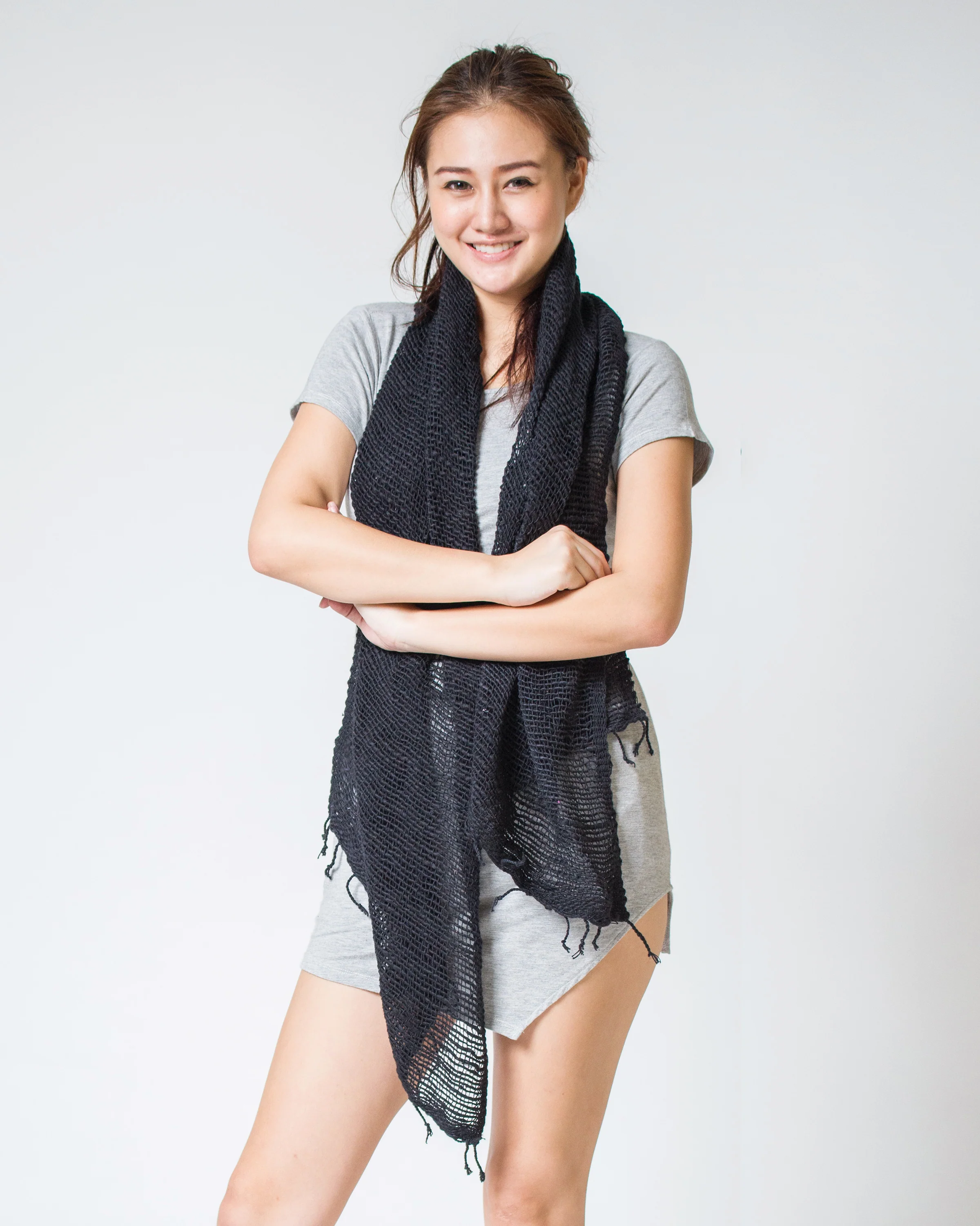 Thai Hand Woven Cotton Shawl Scarf in Black