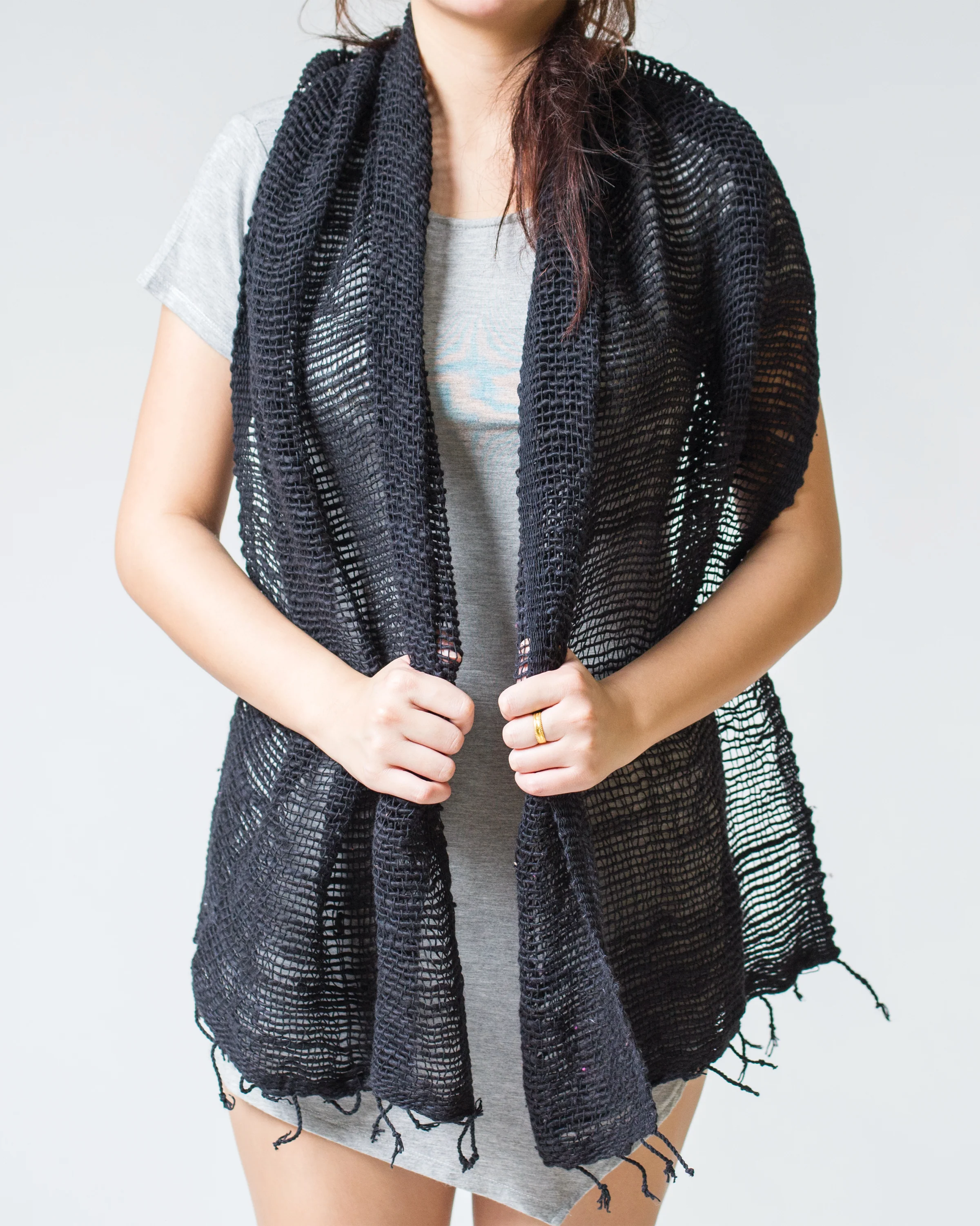 Thai Hand Woven Cotton Shawl Scarf in Black